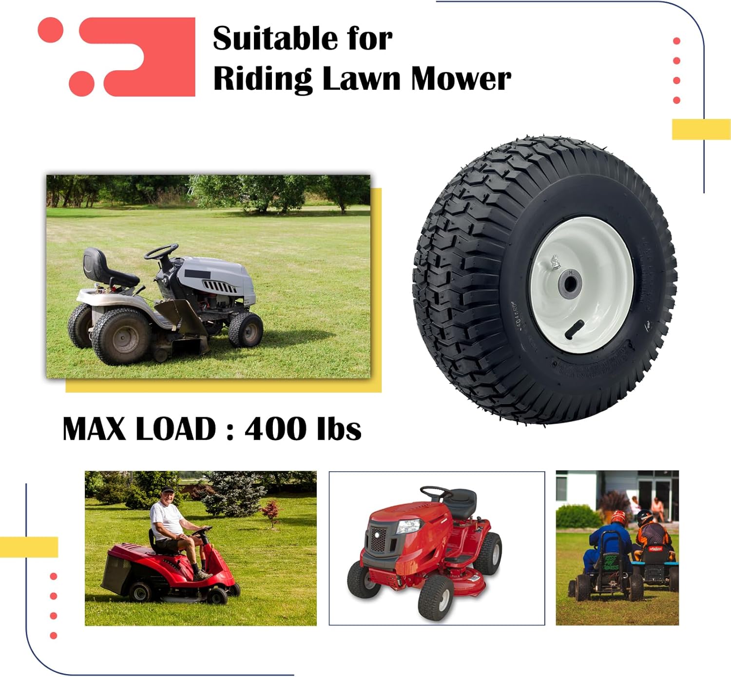 2-Pack 15x6.00-6 Lawn Mower Tire and wheel with truf tread and 3" -6'' Centered Hub, 3/4" or 5/8'' Bushings, Front Tire Assembly Replacement for Craftsman Riding Mowers， John Deere Mowers