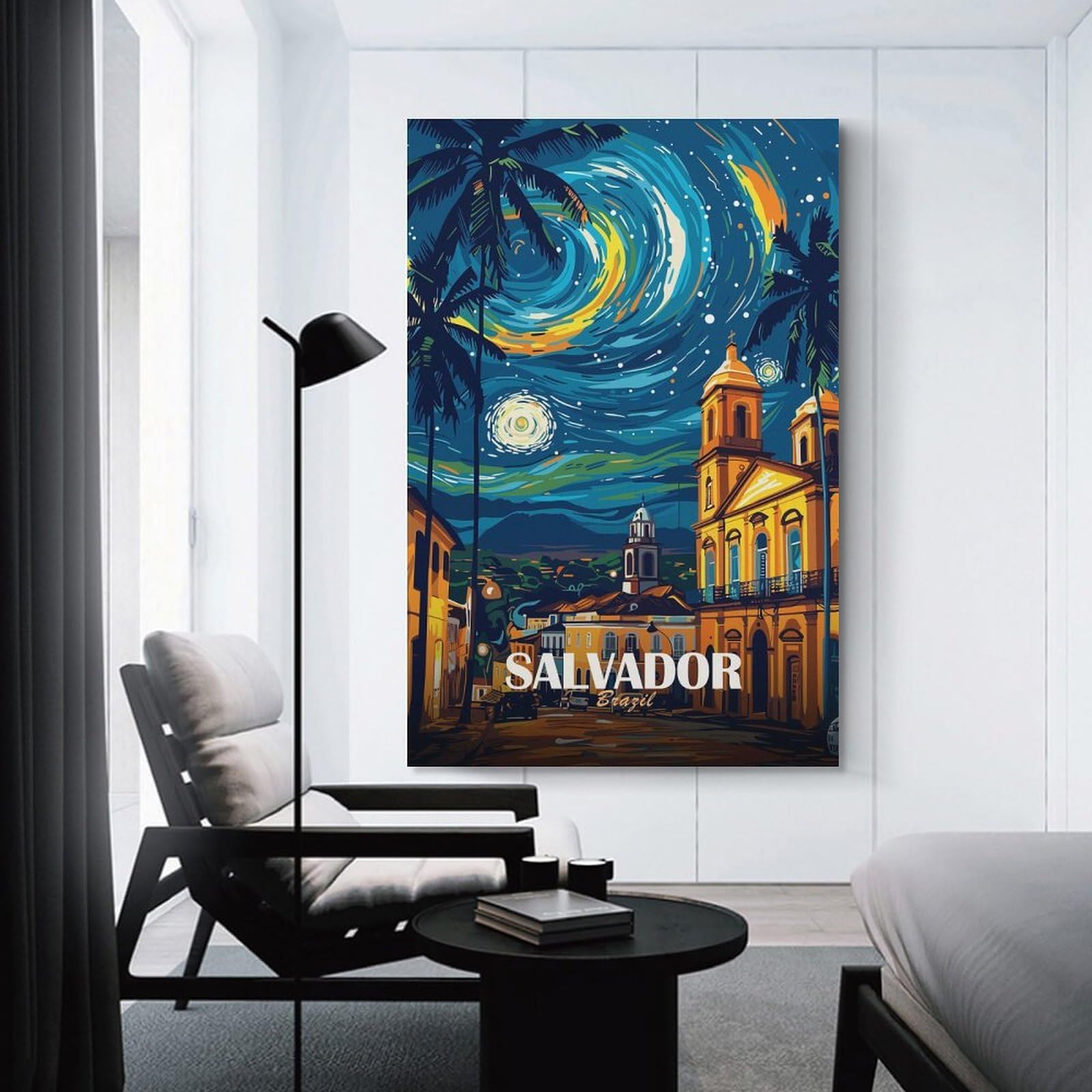 Junmoney Salvador Brazil Cityscape Night Art Hanging Wall Art, 24x36inch(60x90cm), for Home Walls, Creative Rooms Or Shared Spaces, A Flexible Wall Accent for Shared Spaces