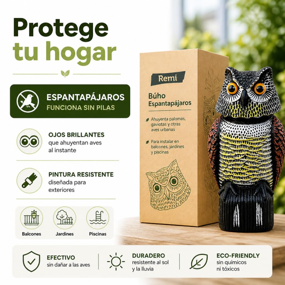 Remi Hogar Búho Espantapájaros Realista | Ahuyenta Palomas, gaviotas y Otras Aves urbanas | para Exteriores, Balcones, Jardines y Piscinas | Poliuretano | Respetuoso con el medioambiente y Fauna
