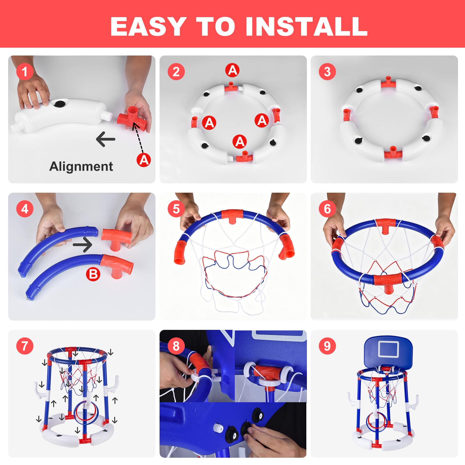 2-in-1 Schwimmender Pool-Basketballkorb-Set, blauer Schwimmbad-Basketballkorb mit Rückwand, stabiler Wasser-Basketballkorb für Pool-Party, Spaß und Outdoor-Familienspiele