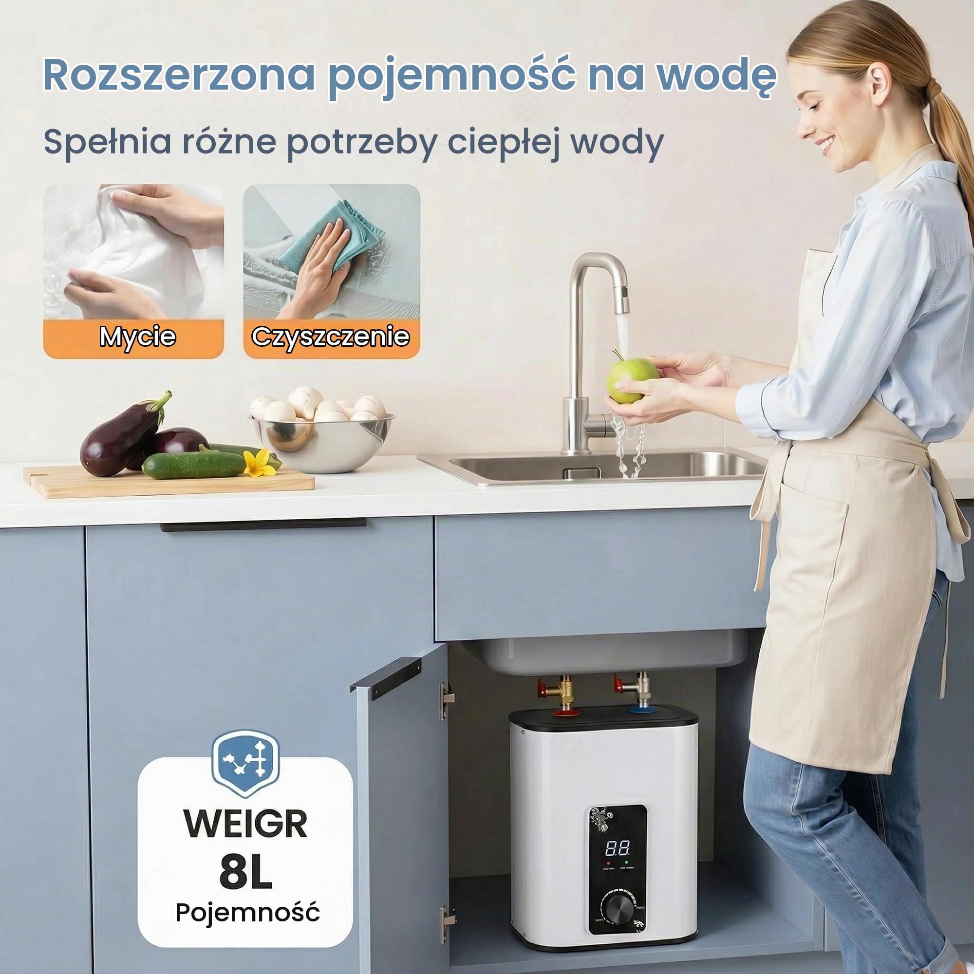 Podblatowy zbiornik ciepłej wody, 8 litrów, 1500 W, odporny na ciśnienie bojler z cyfrowym wyświetlaczem LED, szybkie nagrzewanie do umywalek, kuchni, łazienki, biały