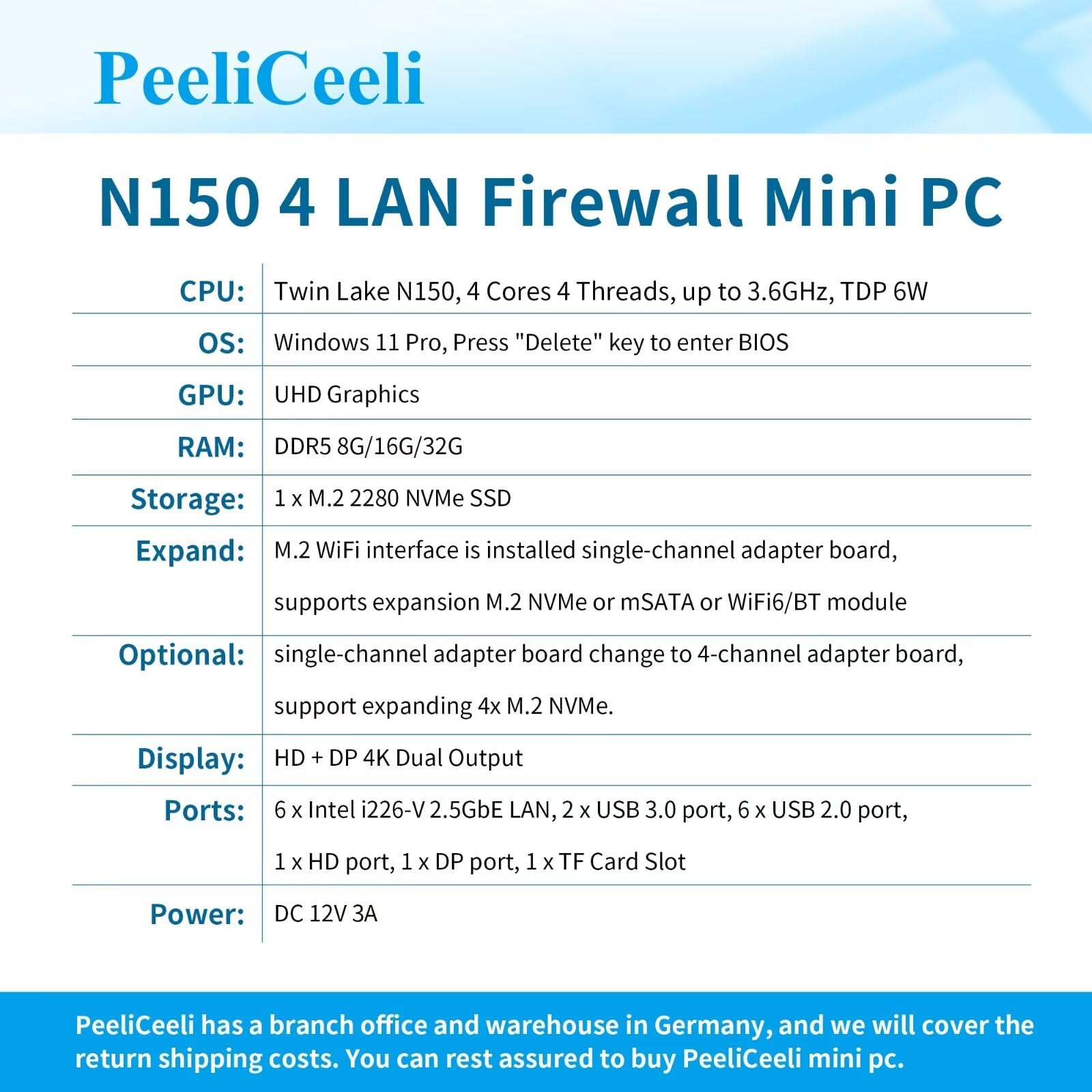2025 N150 Lüfterlos Mini PC Barebone, OPNsense Firewall Appliance 4X i226-V 2.5GbE LAN Port, Büro/Home Micro Desktop PC Dual 4K HD+DP, TF Card Slot (No RAM/SSD/OS)