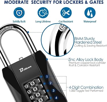 Combination Lock, 4 Digit Outdoor Heavy Duty Padlock Metal, Weatherproof Alloy Locks with Long Hardened Steel Shackle, High Security Large Padlocks for Sheds Fence, Gate Hasps, Storage Unit-Black