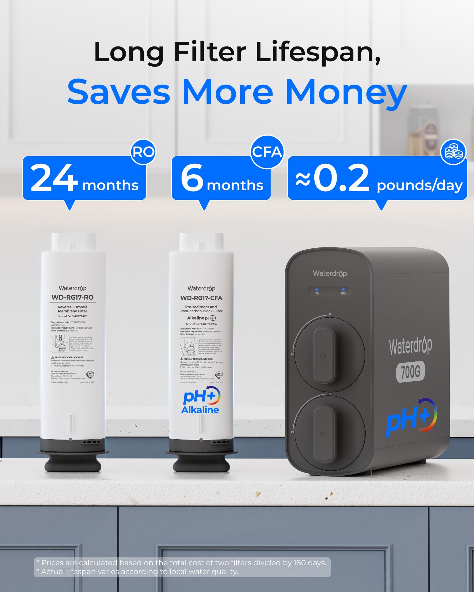 Waterdrop G5P700A Alkalischer Mineral-pH+ Umkehrosmose-Wasserfilter, NSF/ANSI 372-zertifiziert, 700G Umkehrosmosesystem, 8-Stufige RO-Wasserfiltersystem, 2:1 Pure to Drain, Intelligenter LED-Wasserha