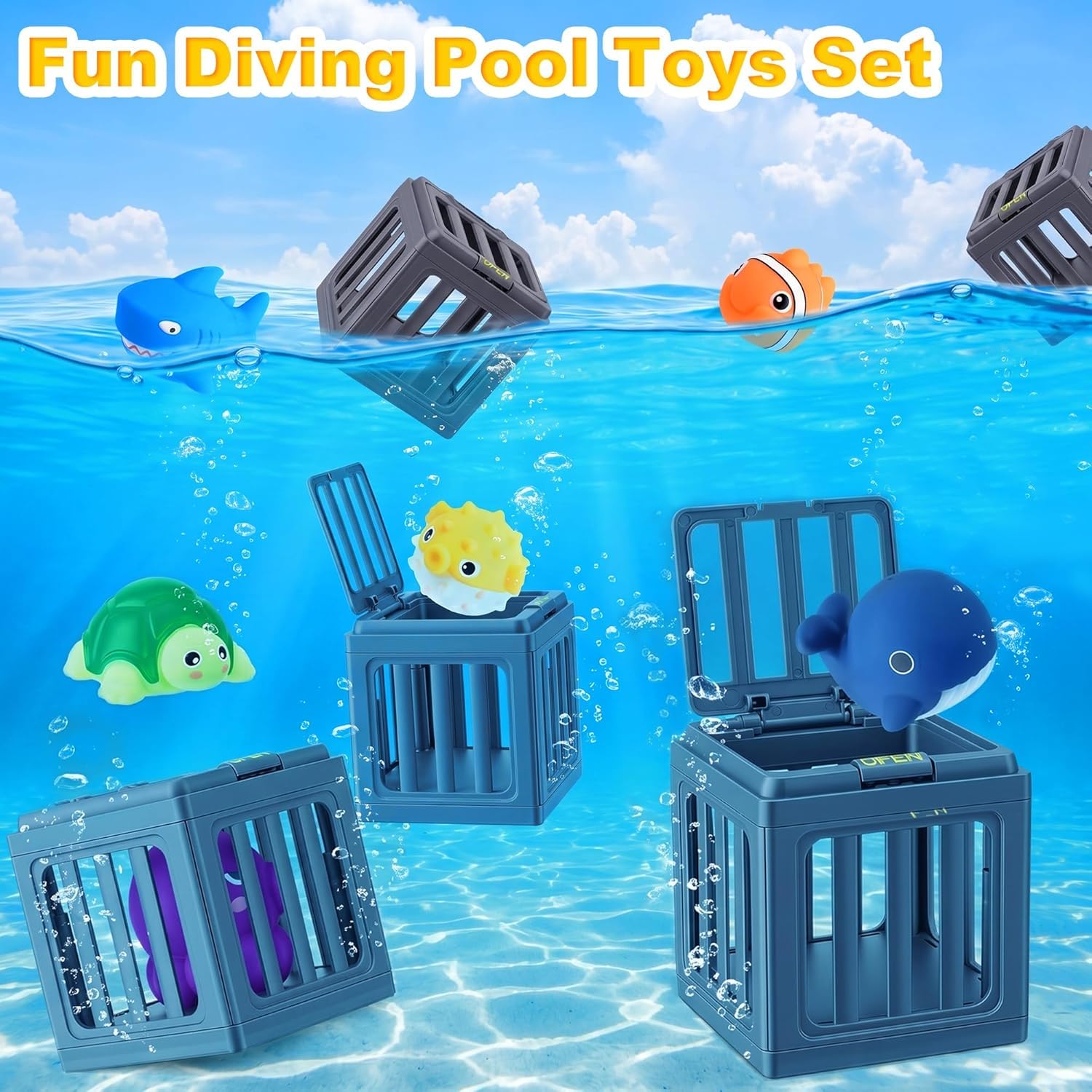 Lot de 12 jouets de sauvetage sous-marins pour enfants, avec 6 cages de plongée et 6 animaux marins flottants, jouets aquatiques pour entraînement de natation, baignoire, cadeau
