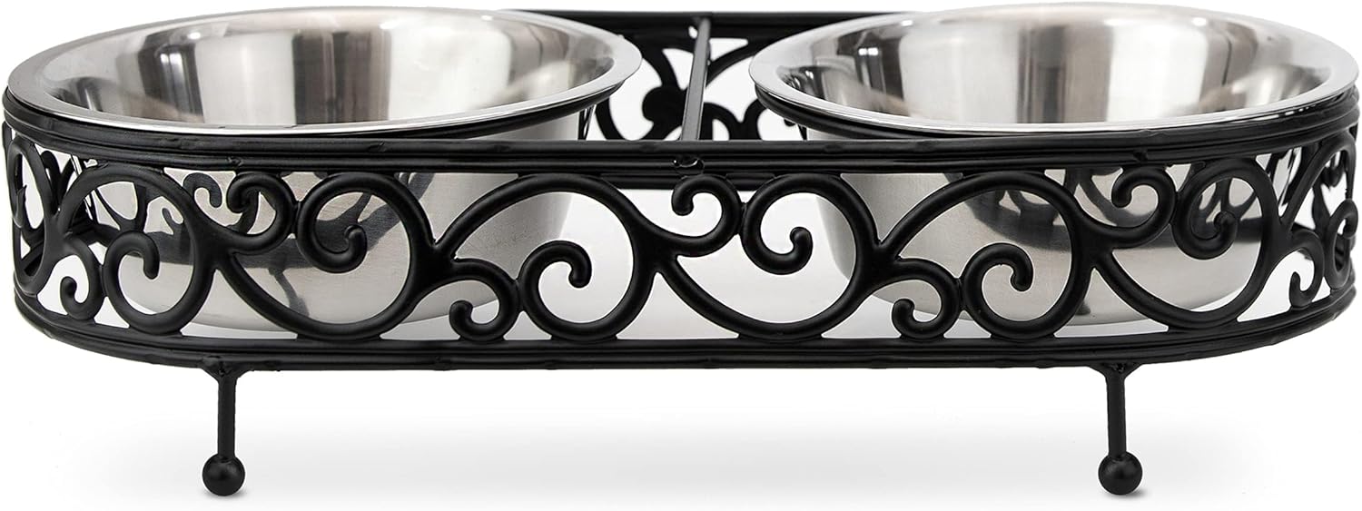 Barkley & Evans Elevated Double Pet Feeder, Removable Stainless Steel Bowls on Metal Stand, Raised Feeding Station for Pets, Dogs & Cats, Wet or Dry Food and Water - 1 Quart Bowls (32 fl. oz)