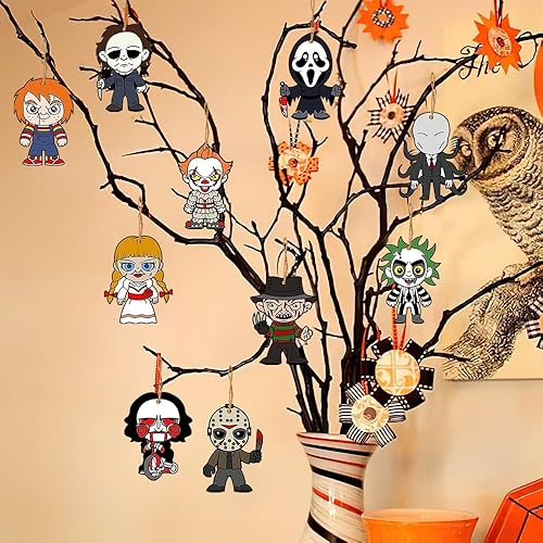 Miniatura 4 de 10 adornos para árbol de Halloween, adornos de Navidad de películas de terror para árbol, decoración de cara fantasma colgante de madera, regalos de