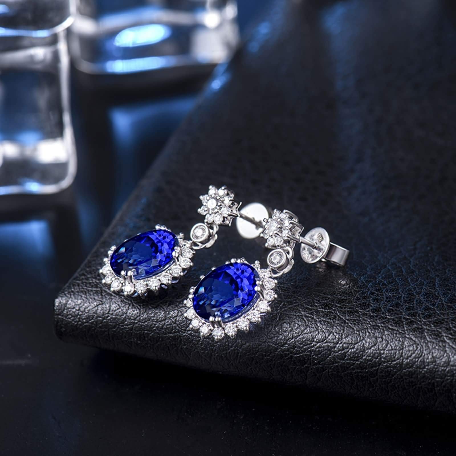 Epinki 18K Weißgold Ohrringe Hängend, Glanz Blume Ohrschmuck mit Tansanit 4.87ct Blau, Geschenk für Geburtstag, Weiß Gold