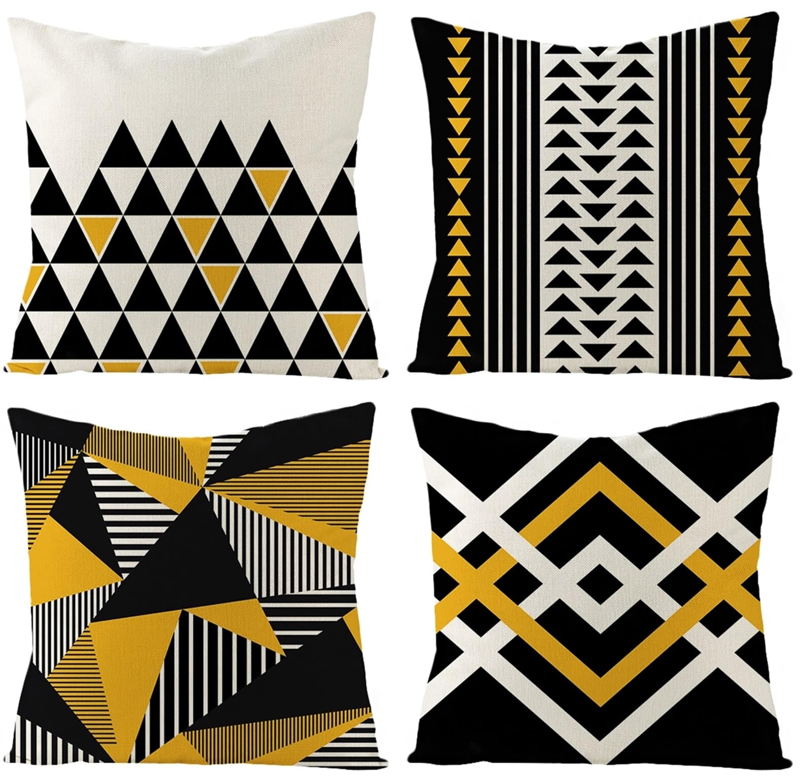 4 federe decorative per cuscini 50 x 50 cm, federe in cotone nero, giallo, bianco, triangolo, motivo irregolare, federa in lino per soggiorno e divano
