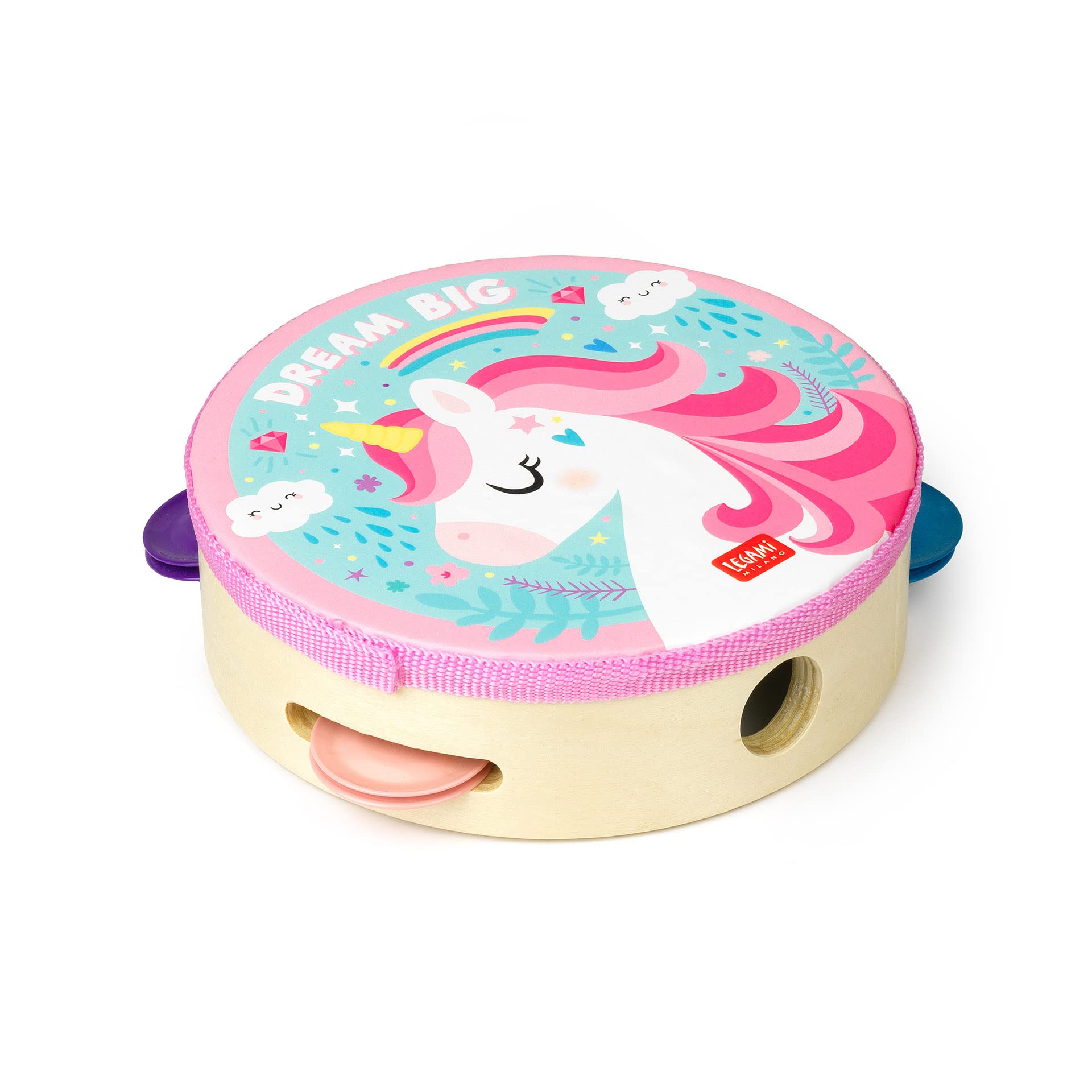 Legami - Pandereta Infantil 4 Sonajeros Mejora la Coordinación, Capacidad Motora, Sentido del Ritmo, Ø 14,5 cm, Tema Unicorn