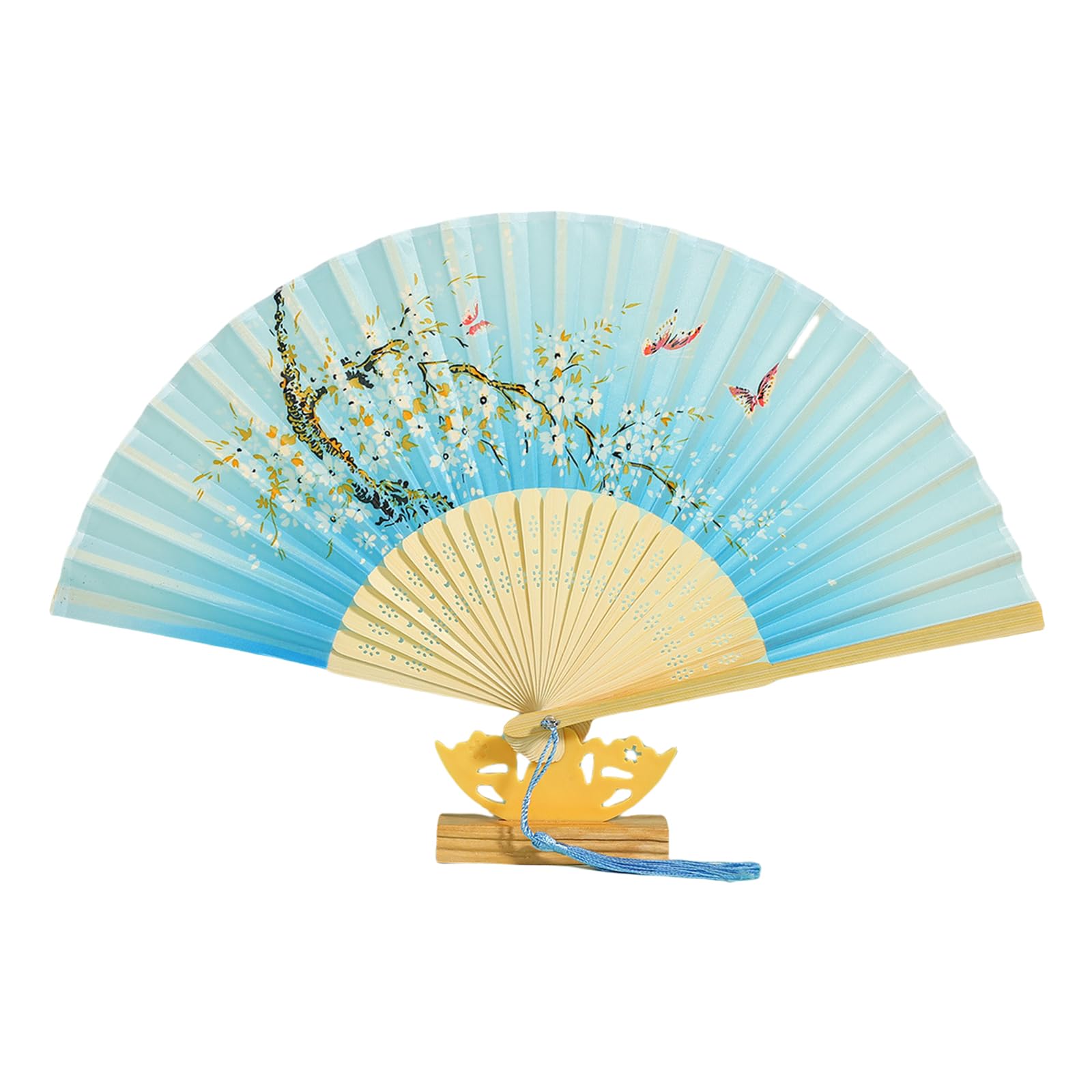 GTYLF Luxurious Silk Folding Fan with Embroidery & Frame Elegant Wedding Dance Props with Tassels for Special Silk Hand Fan Frame Folding