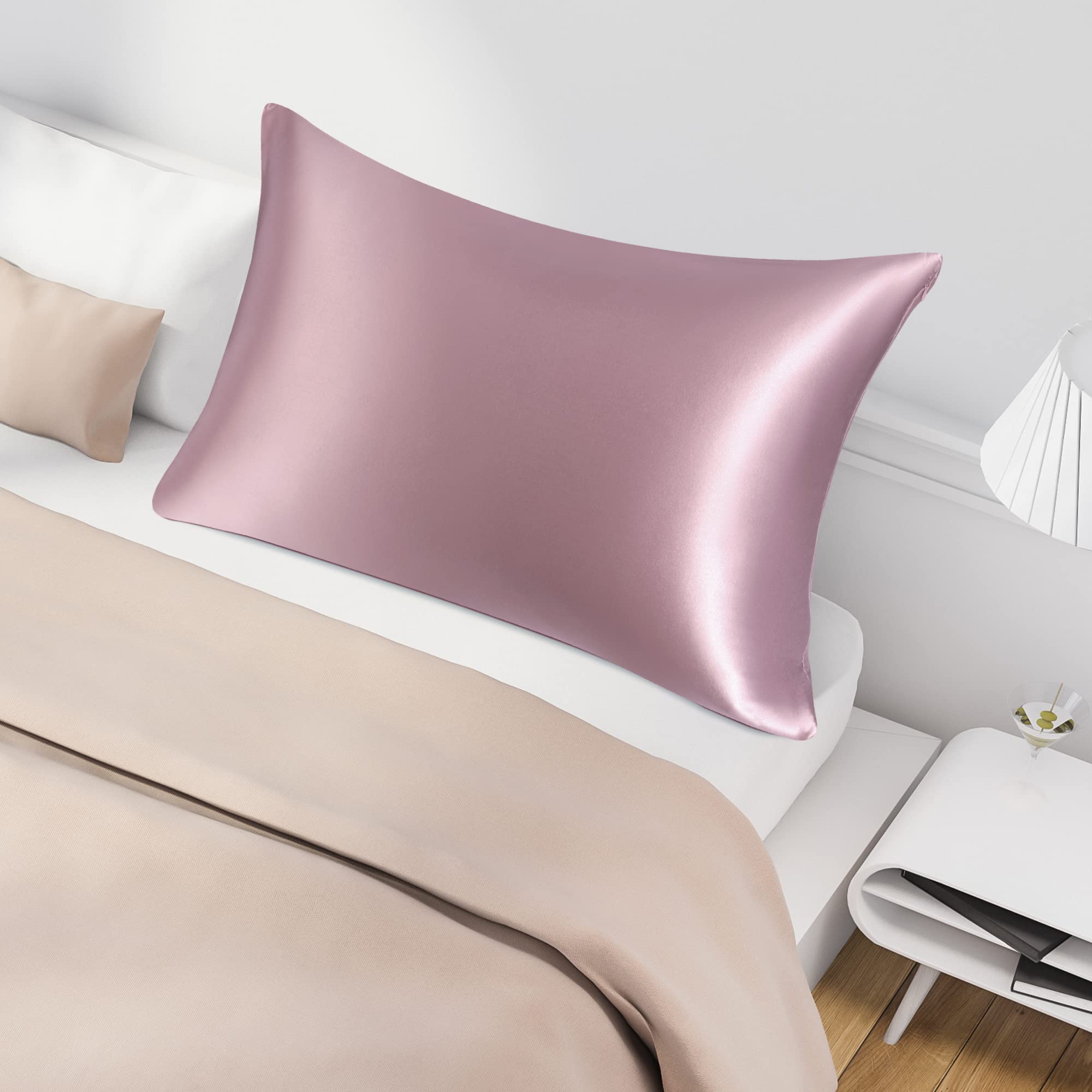 PiccoCasa - Funda de almohada de seda pura 100% natural para cabello y piel, ambos lados de 400 hilos, 19 momme de seda con cremallera oculta, 1 paquete, malva, tamaño Queen 50 x 76 cm