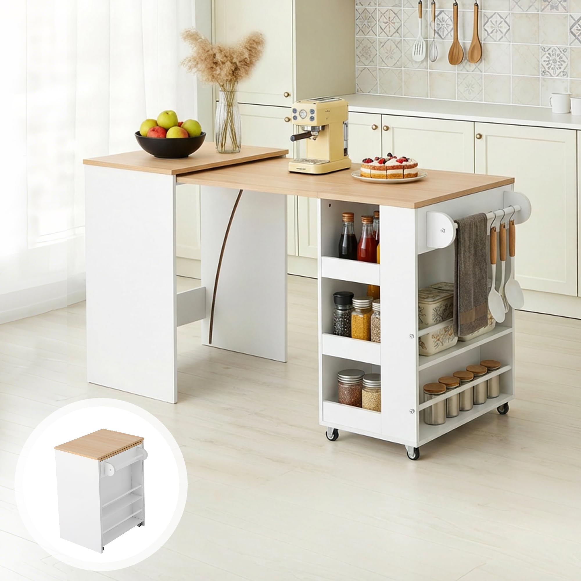 MELLCOM Extendable Kitchen Island,Mobile with Storage,2 Side Shelves,Suitable as Dining Table,for Dining Room/Open Kitchen/House Bar,21.5x15.7 to 52x21.5 Inch,White