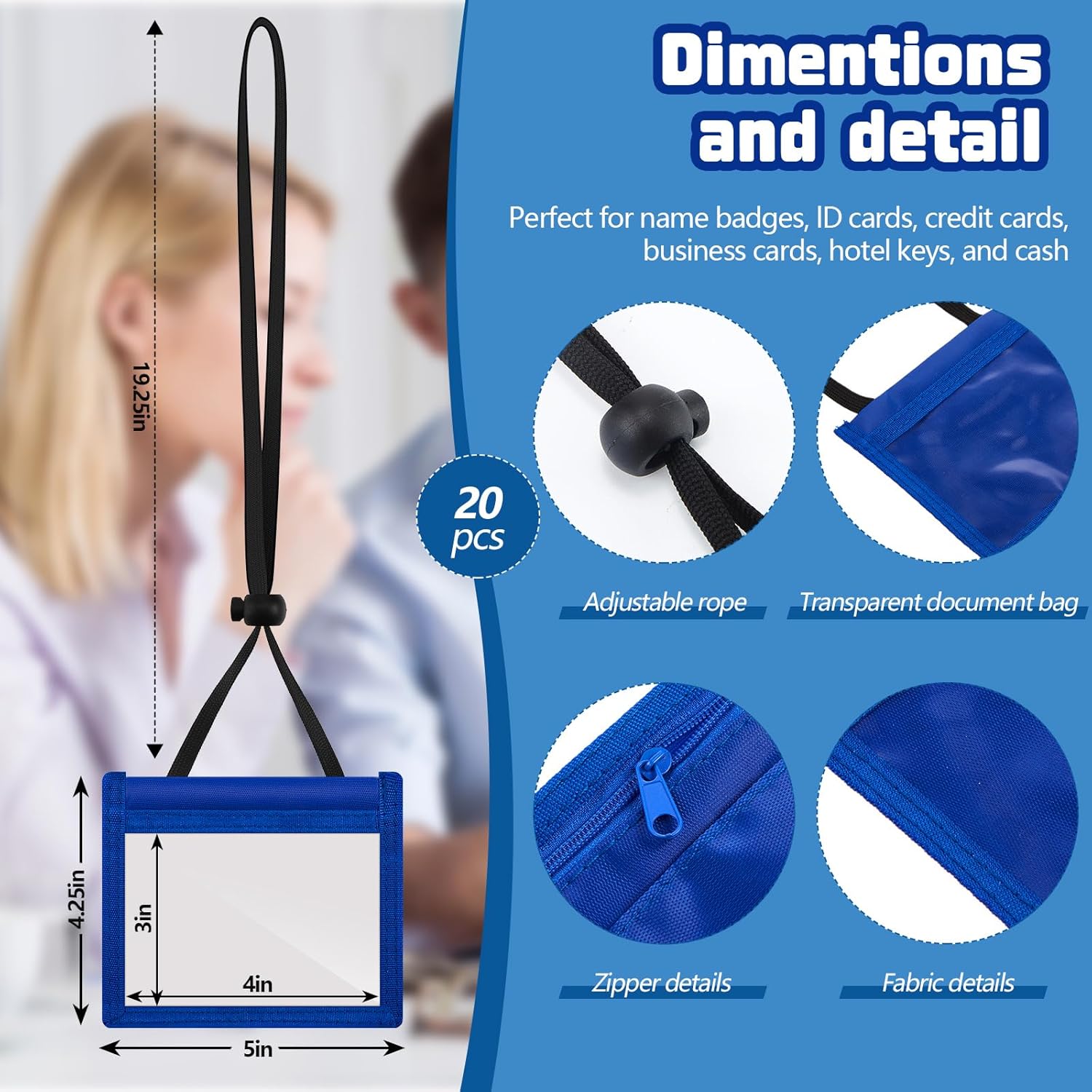 Tenceur 50 Pcs 4 x 3'' Neck Badge Holder with Adjustable Lanyard and Clear Window Polyester Name Badge Organizer with 3 Pockets Horizontal Zipper Pouch Vaccination Card Protector (Black)