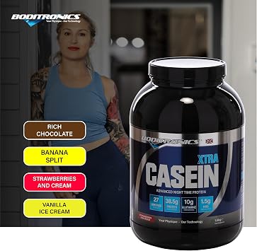 Boditronics 1.5kg Casein Xtra, Slow Release Protein Powder with Contains Micellar Casein Supplement Amino Acids, Glutamine Protein Shakes (Strawberries & Cream)