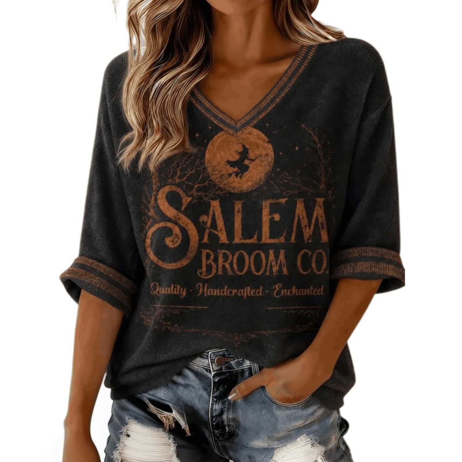 Salem Broom Co Halloween Shirts Women 3/4 Sleeve Vintage Witch Tops Brown — image 1