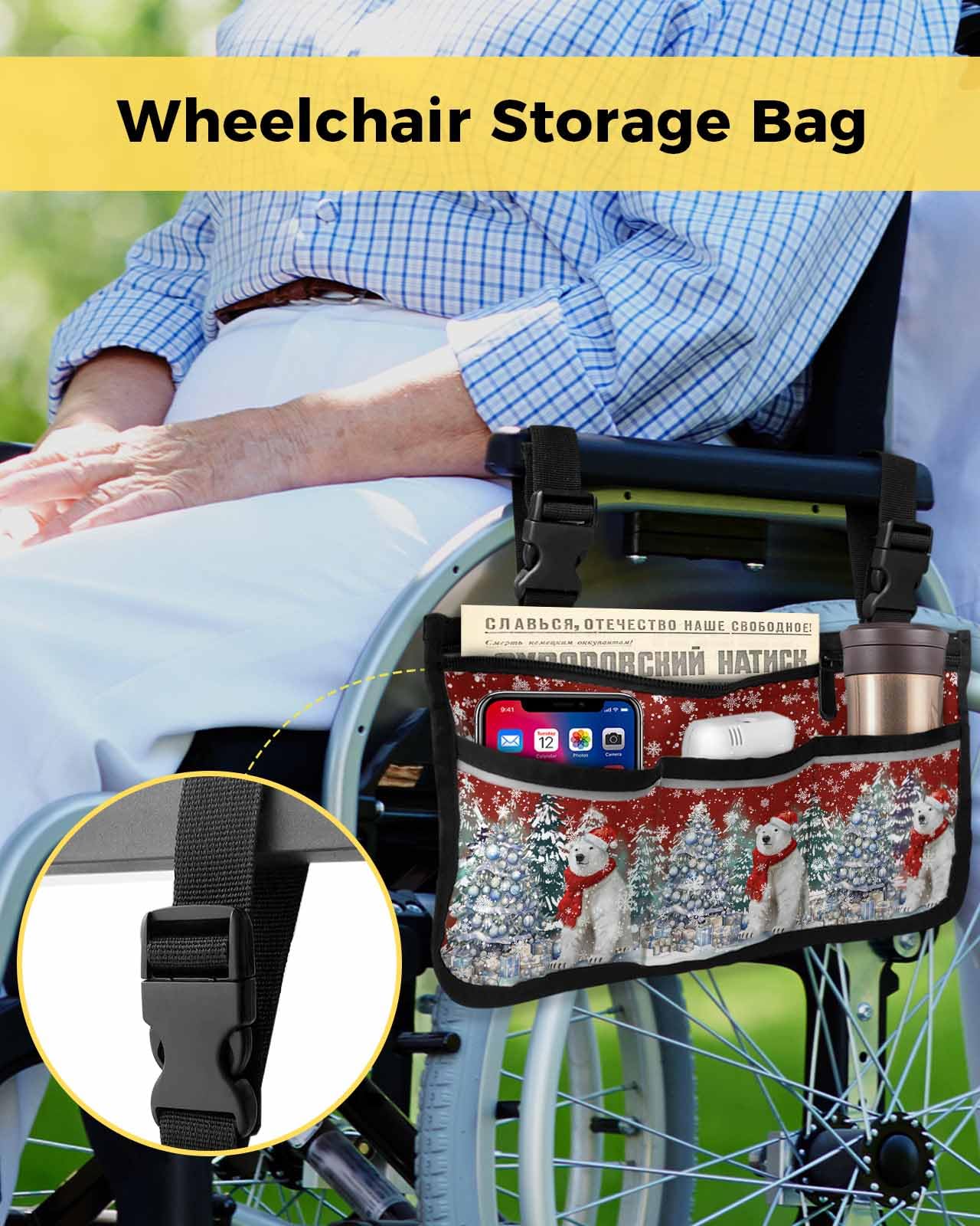 Christmas Wheelchair Side Storage Bag Bear Xmas Tree and Gifts Snowflake Red Armrest Pouch with Cup Holder and Reflective Strip Wheelchair Accessories Organizer Bags for Walkers Rollator