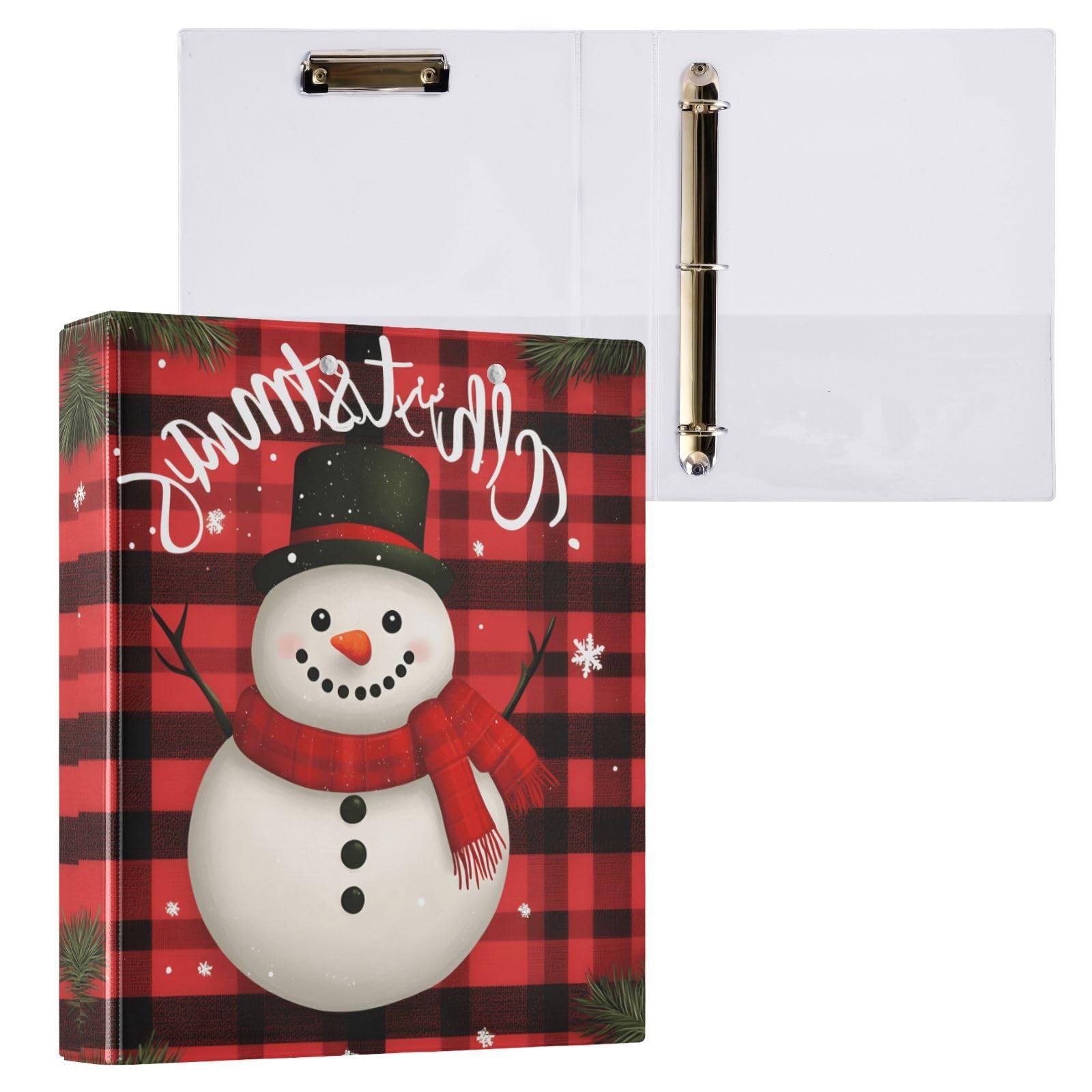 Confezione da 2 raccoglitori a 3 anelli, con motivo a quadri con pupazzo di neve, 3,8 cm, con 3 tasche trasparenti, portablocco e contiene 200 fogli, per ufficio, scuola, organizzazione