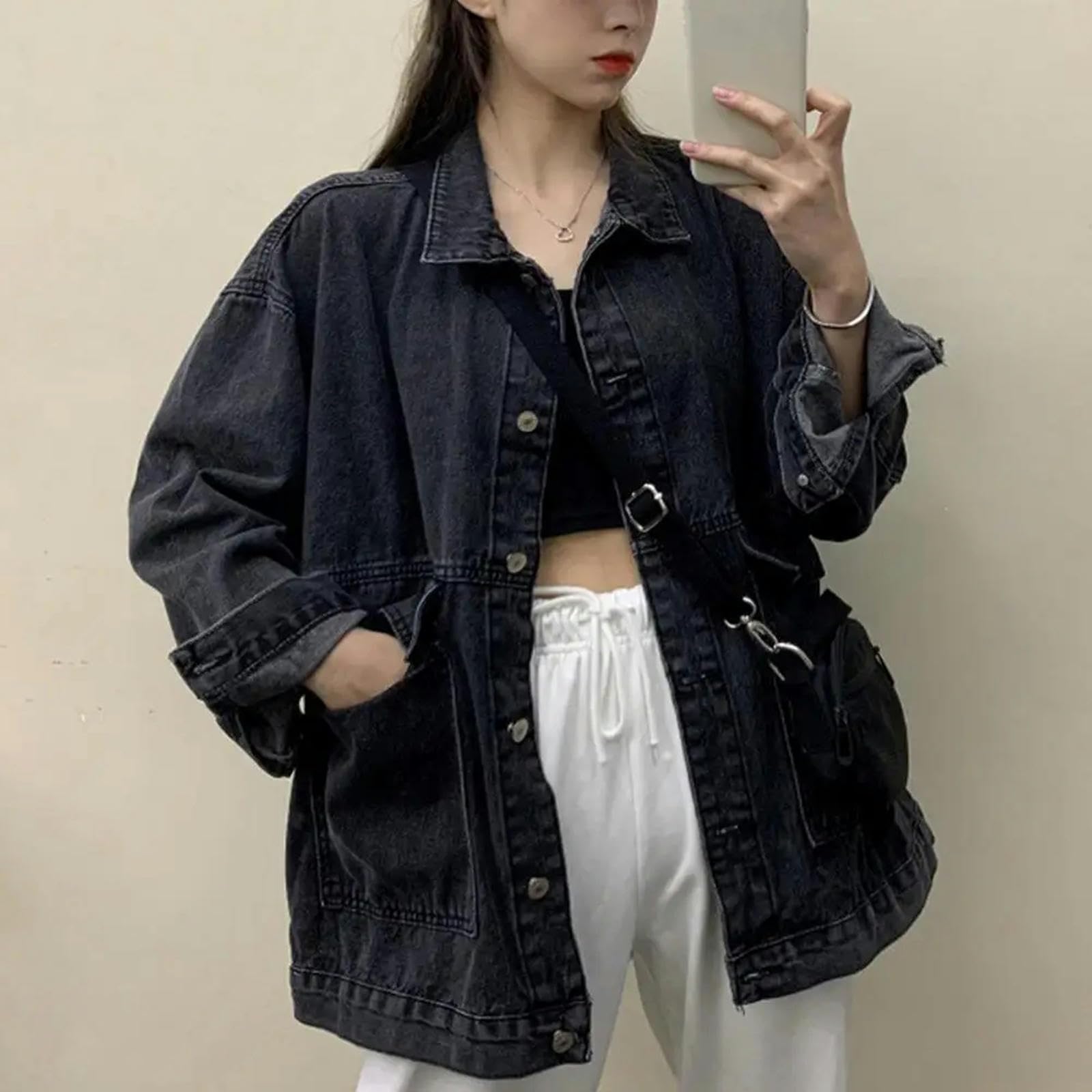 Giacca Uomo Giacche Jeans per Donne alla Moda Sovradimensionati Oversize Giunta di Cassa Caduta con Tasche con Tasche