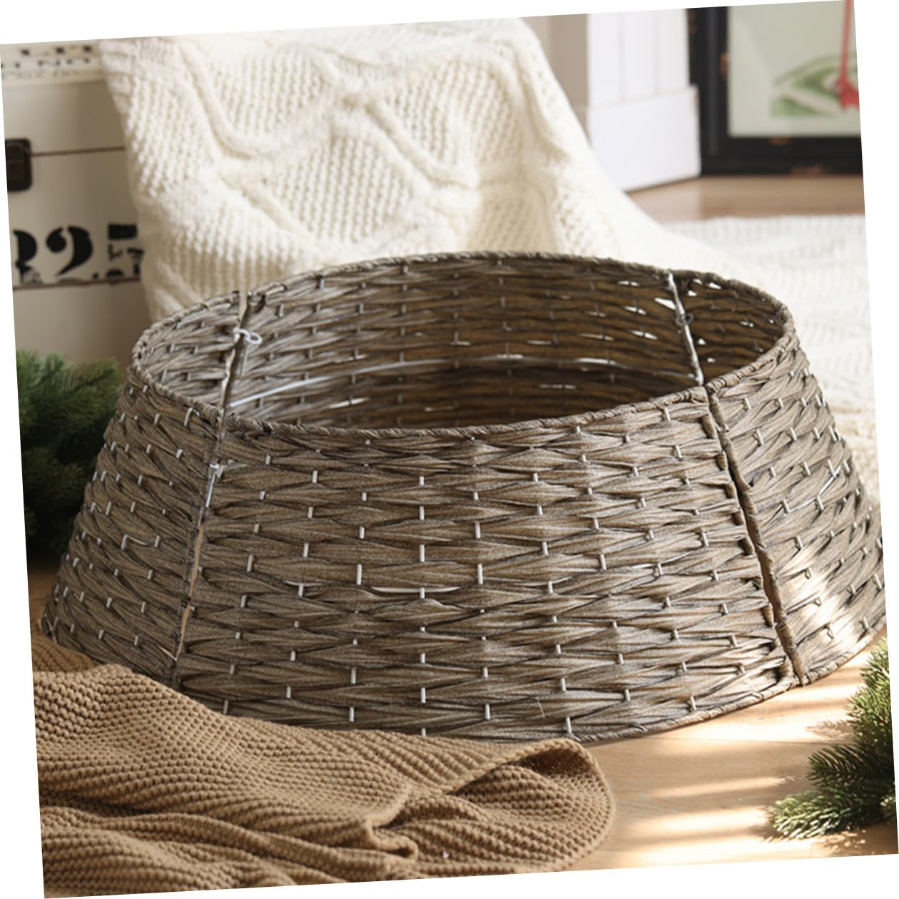 Abaodam Copri Base Intrecciato in Rattan Piccolo Grigio Gonna e Collare per Albero di Natale, Decorazione Natalizia Rustica per Supporto Albero, per Allestimenti Festivi e Ambienti