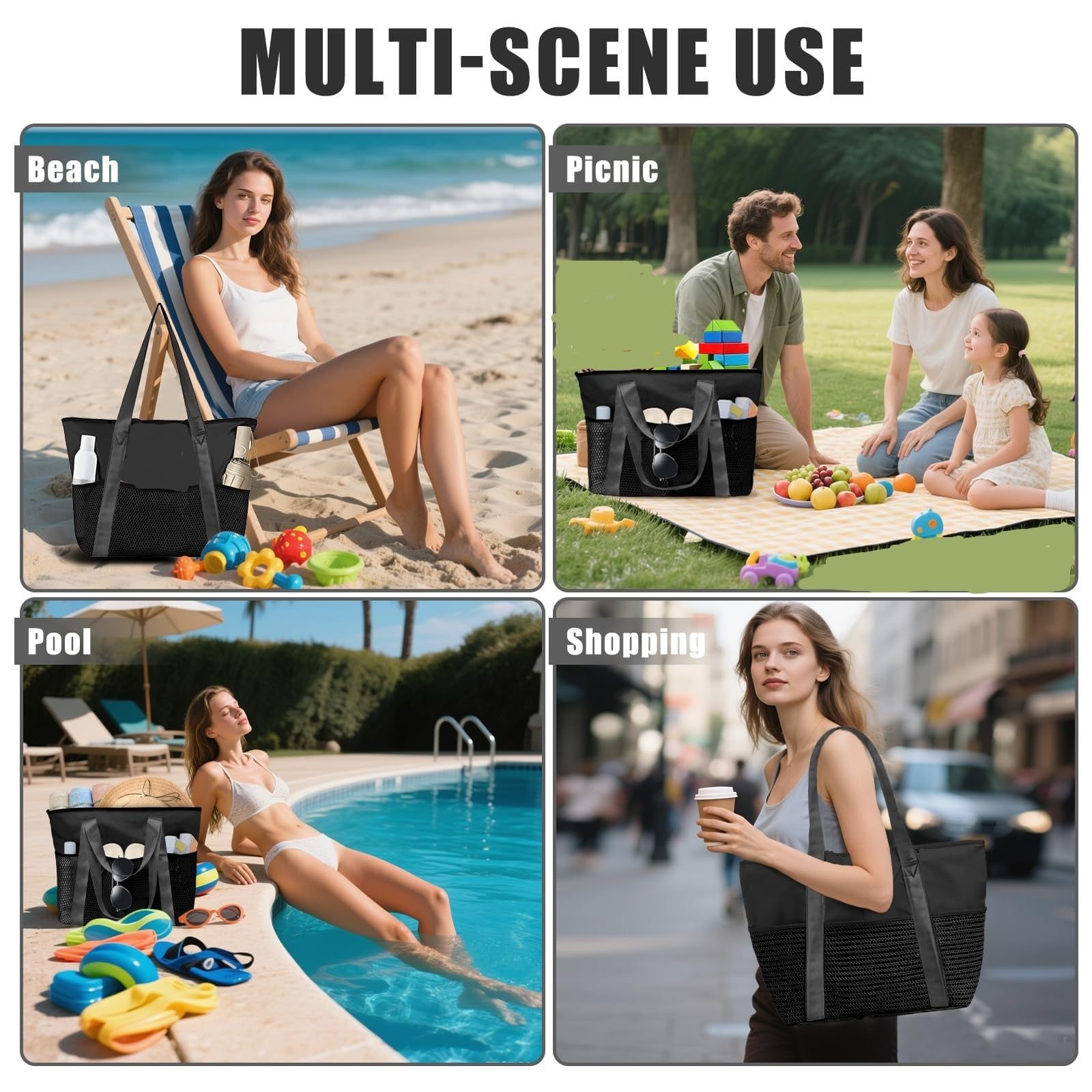 Sac de Plage Sac Fourre Tout Voyage Tote Bag Piscine Avec Fermeture Éclair Cabas de Voyage Accessoire Plage Pliable Et Léger Beach Travel Bag Gym Cabas Femme