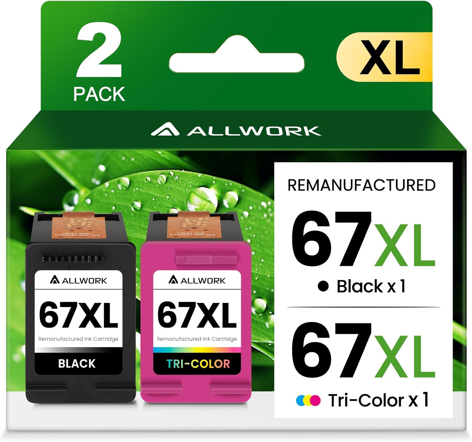 67XL Ink Cartridge Replacement for HP 67 XL Black Tri-Color Remanufactured for HP Ink 67 67XL for DeskJet 2755e 2700 2855e 2800 2752 2742e 4155e 4255e 4100 Envy 6055 6055e 6455e Printer (2-Pack) 67XL 2(K+T)