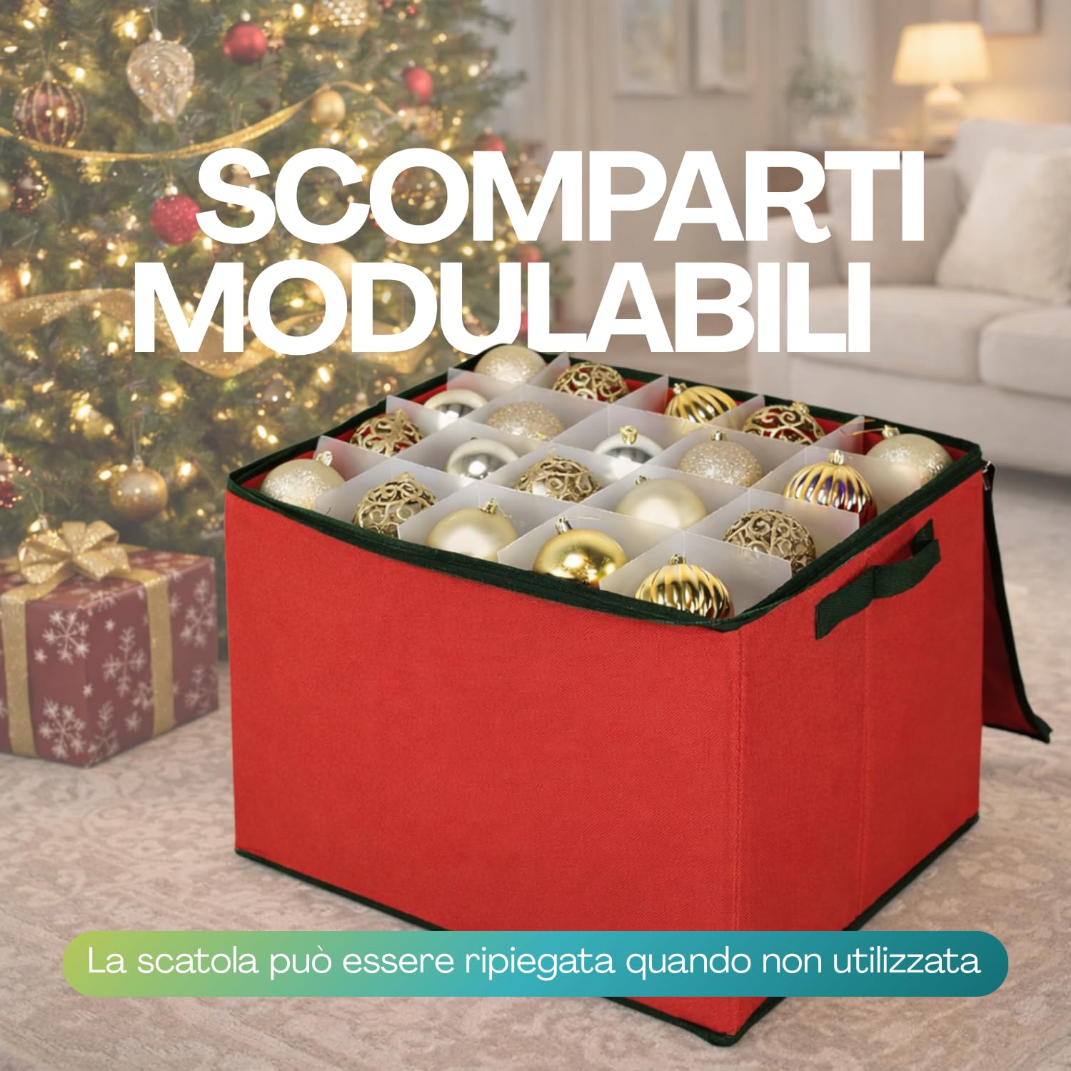 PALUPLUS Scatola Porta Palline di Natale, Misura 43x35x35 cm, fino a 80 Scomparti Modulabili, Contenitore Organizer con Cerniera e Maniglie, Custodia Impermeabile, Box per Addobbi Natalizi -7977C