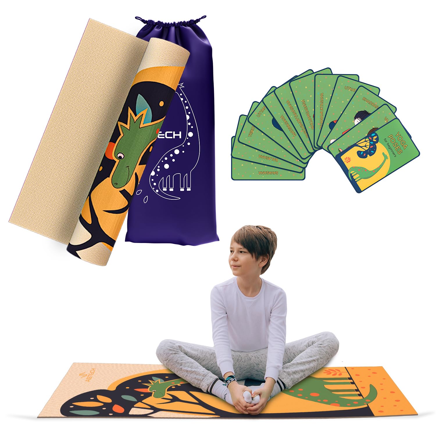 Kids Yoga Mat Set for Boys & Girls - Doll, Unicorn, Mermaid, Panda, Dinosaur and UnderWater - Chemical Free - Non-Toxic - Non-Slip - 60 X 24 X 0.2 Inches - w/ 12 Yoga Cards - Cute Carrier Bag - Ages 3-12