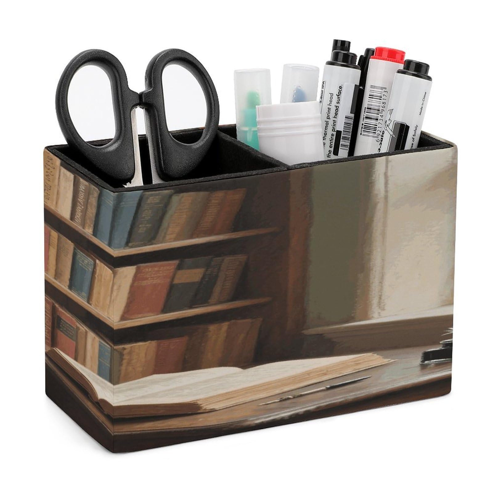 VstaDank Books Pencil Holder for Desk Organizer 2 Compartments Pen Cup Leather Square Pen Holder Pencil Cup Stand Makeup Brush Holders for Desktop Organizer Storage Case