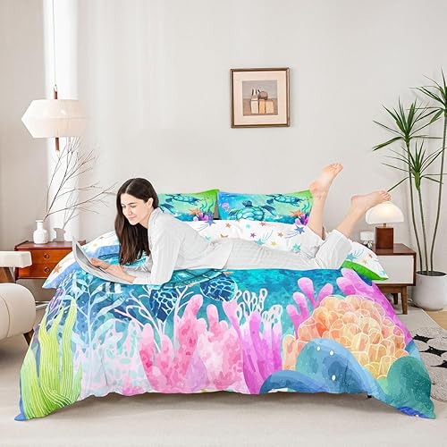 Miniatura 5 de Funda de Edredón de Tortuga Marina Verde Azul Juego de Ropa de Cama Ocean Queen, Colorido Mundo Submarino Juego de Funda de Edredón para Niños,