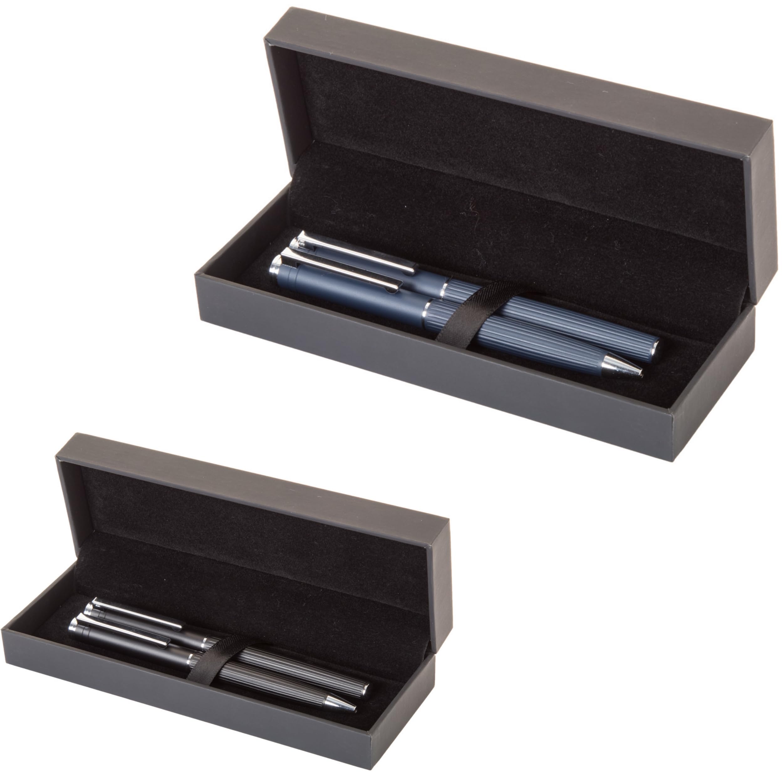 noTrash2003 Ensemble stylo à bille et stylo roller élégant avec corps en aluminium à texture rayée, coffret cadeau noir avec recharge bleue, fournitures de bureau, idée cadeau (bleu)