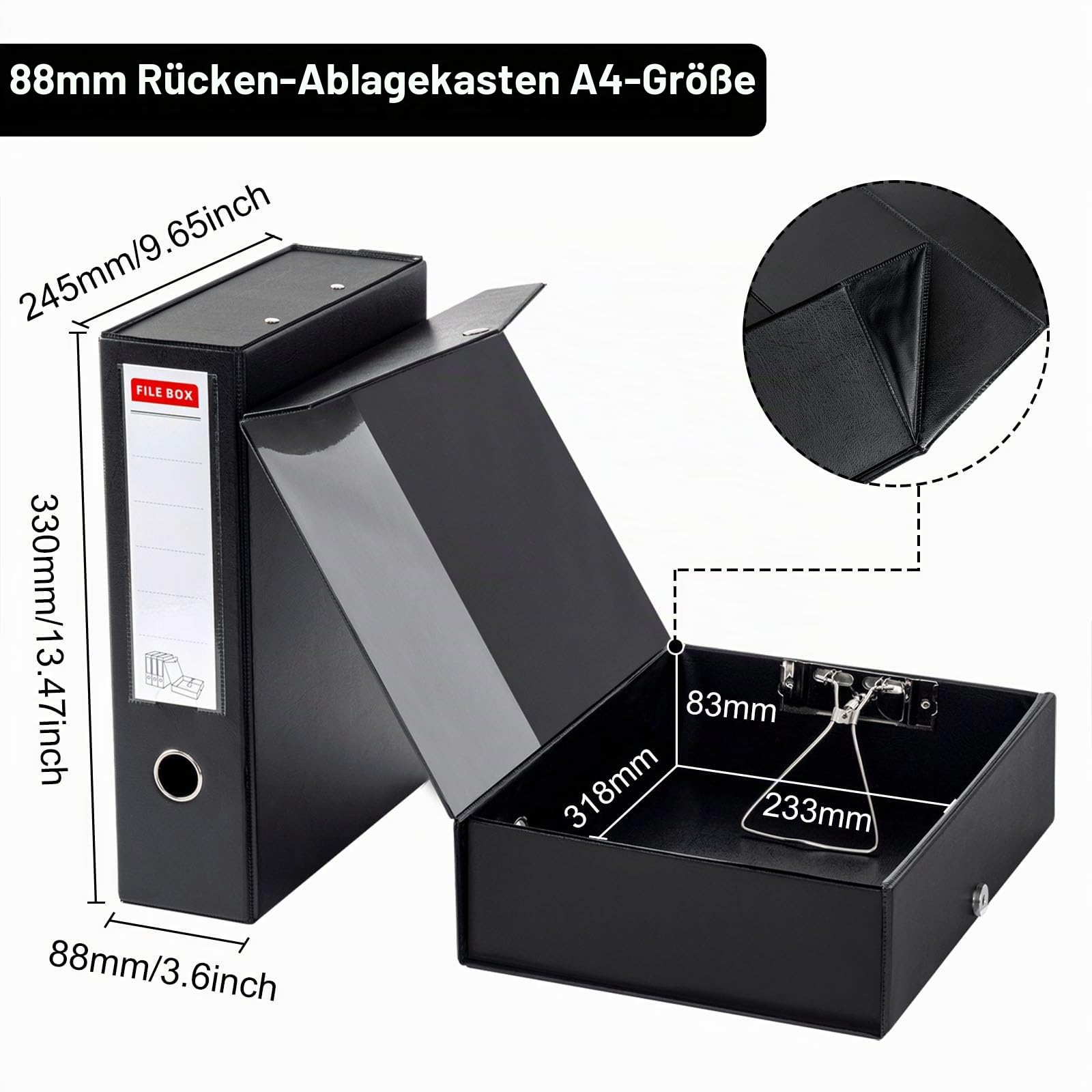 4 Stück Archivbox A4, 88 mm Rücken, Faltbare Aktenbox, Schwarz | A4 Dokumentenbox mit Metallklammer, 700 Blatt Kapazität, Aufbewahrungsbox aus Kunststoff für Büro, Schule oder Archivraum