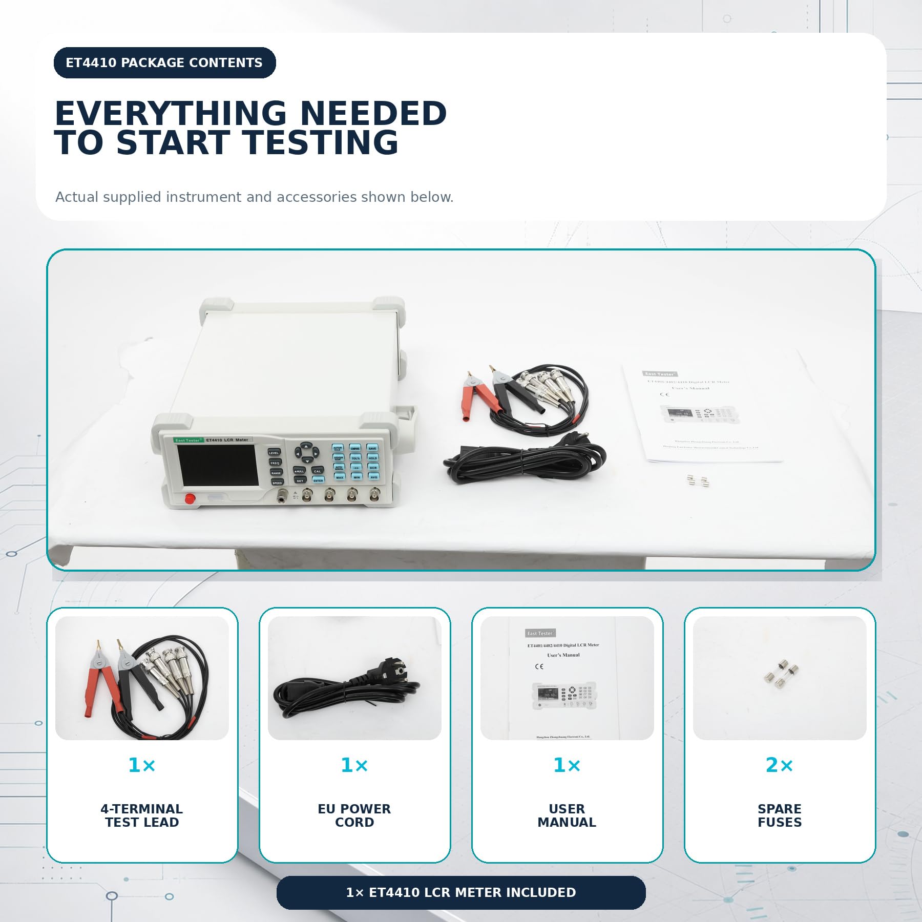 LCR-Messgerät ET4410 100kHz, Tisch-LCR-Messgerät 0,1% Genauigkeit, 16 Messfrequenzpunkte, 3,5 Zoll TFT-LCD, USB/RS232, EU-Stecker für Induktivität Kapazität Widerstand