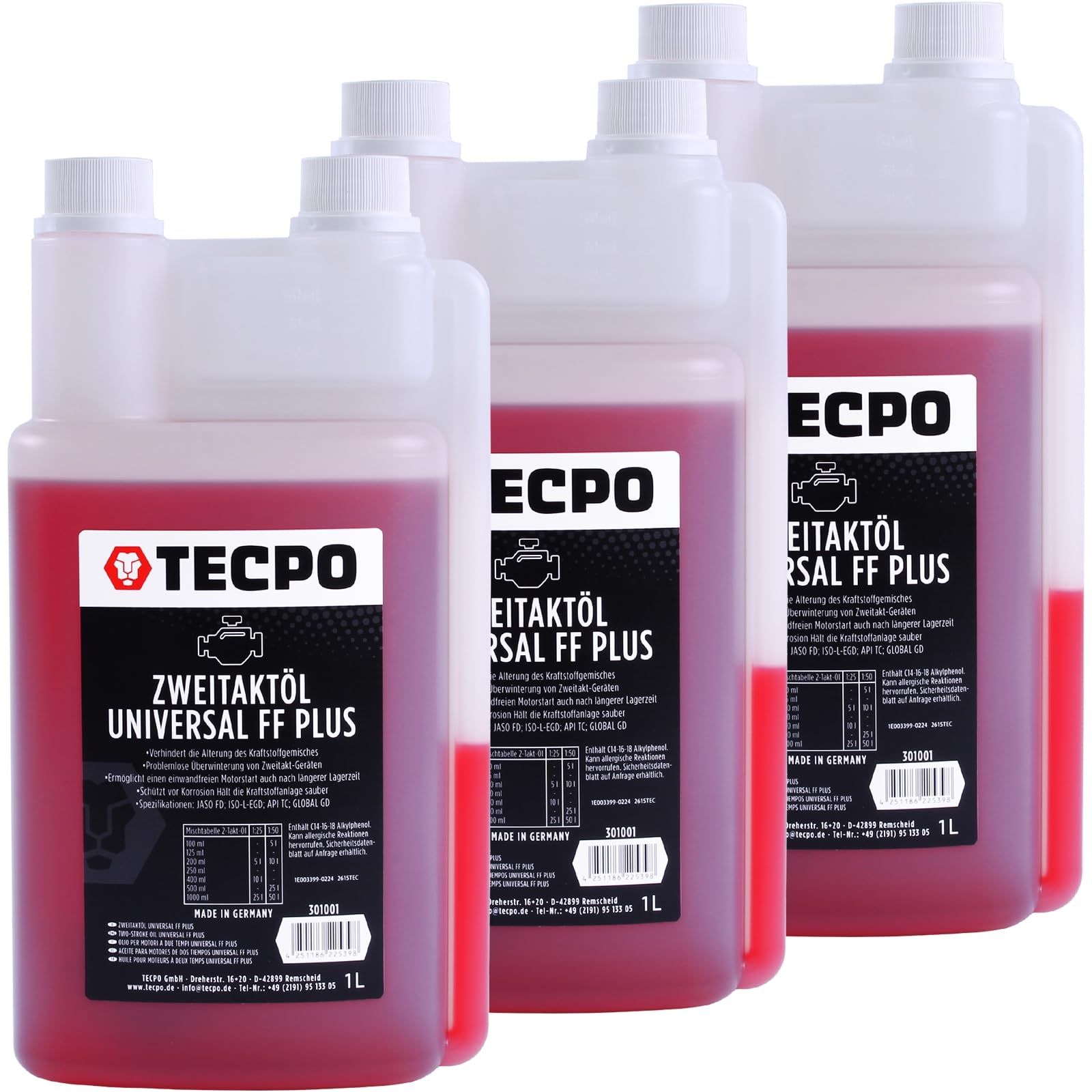 TECPO Zweitaktöl Universal 2-Takt FF Plus, teilsynthetisch, mit Fuel Fresh für Gemisch & Getrenntschmierung für Motorsäge, Rasenmäher, Mofa, JASO FD, ISO-L-EGD, API TC 1:50 mischbar
