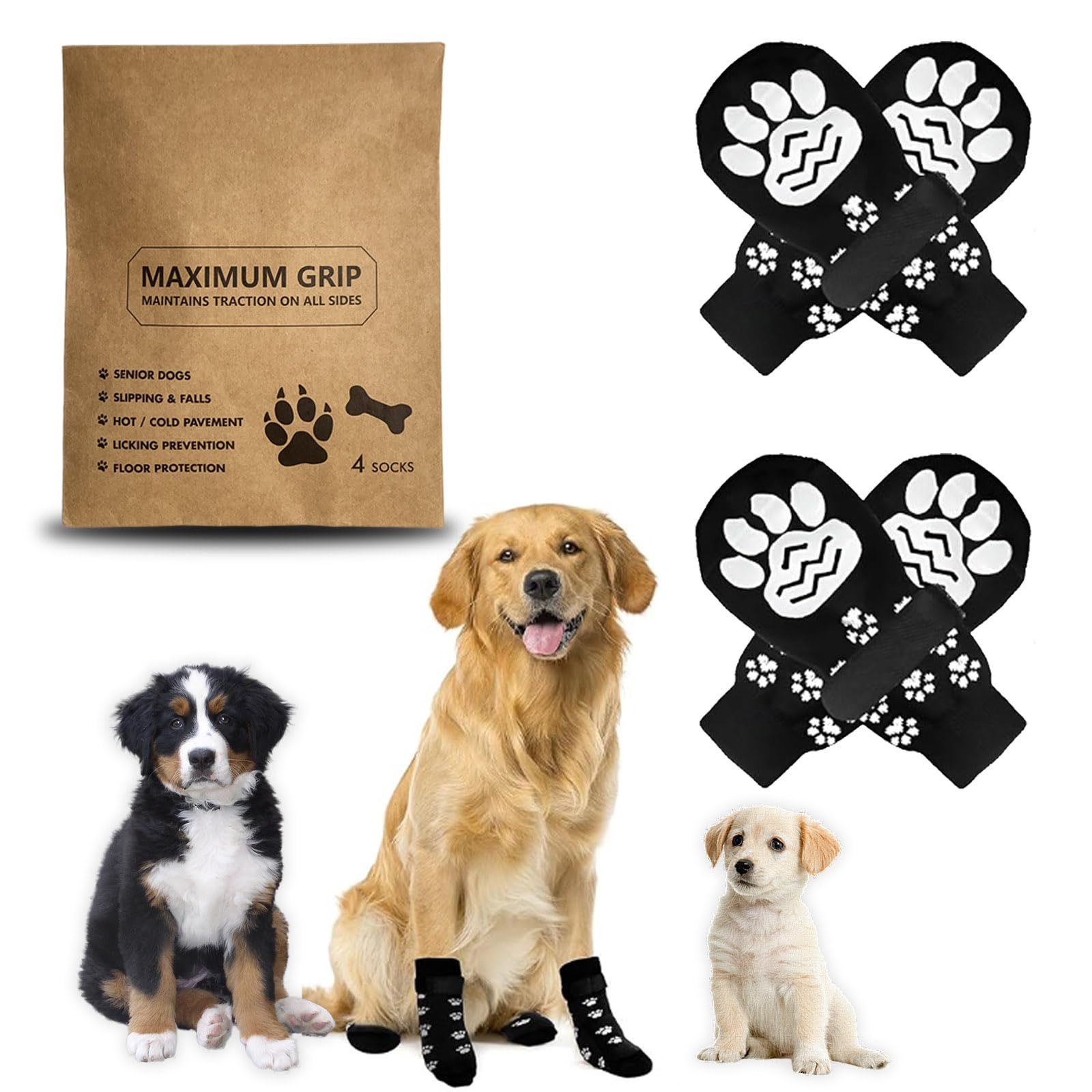 HTRTRR Calzini Antiscivolo per Cani, Set di 4 con Cinturino Regolabile, Parzampe per Cani con Cotone, Nero, L