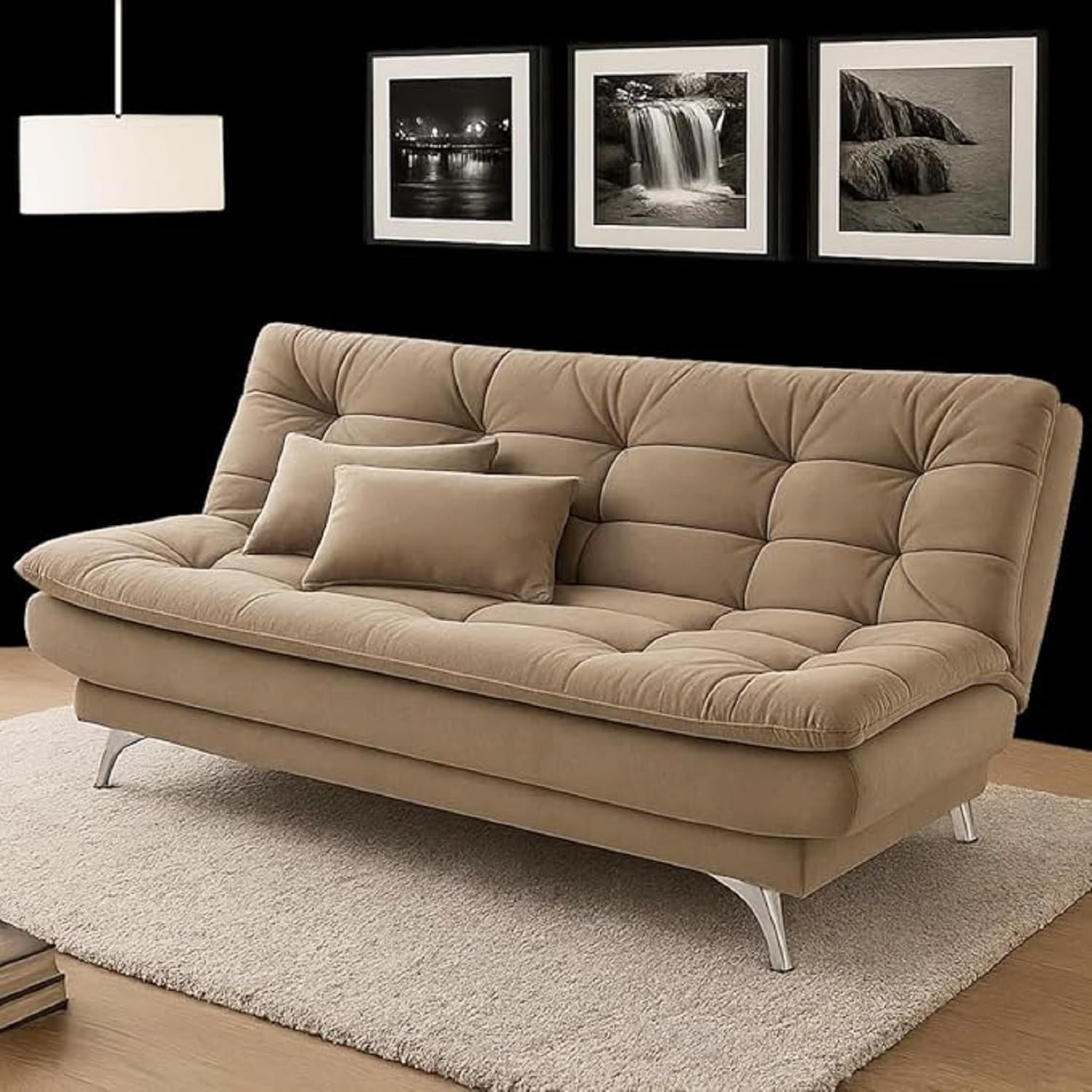 Convertible Futon Sofa Bed, 74" Modern Tufted Upholstered Sleeper Couch with Pillows, Adjustable Backrest Folding Sofa for Living Room, Guest Room, Small Spaces, Apartment Furniture