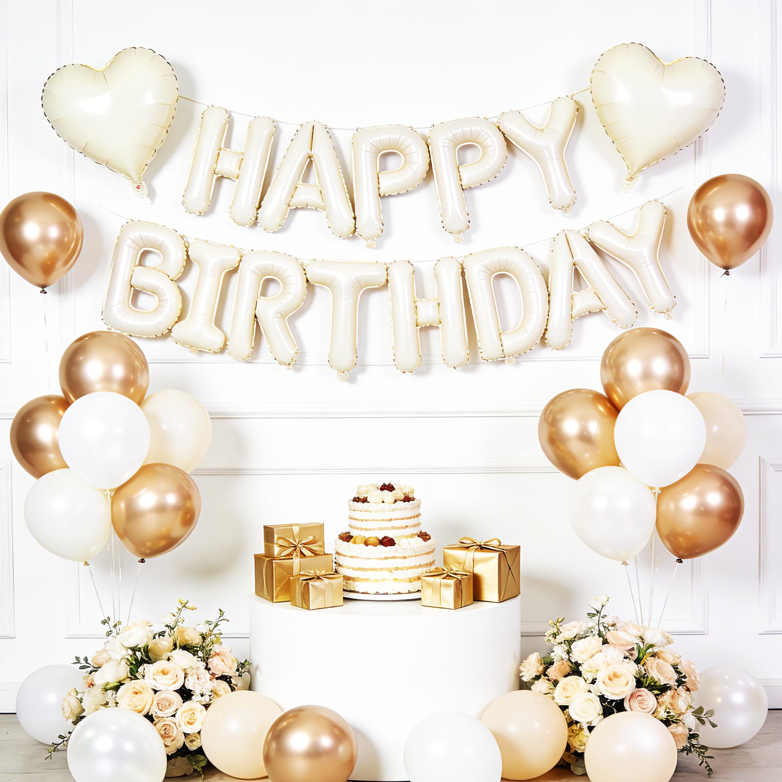 Boho Neutral Happy Birthday Balloon Banner Set - 16 Inch Beige Mylar Letters, Pearl White & Champagne Gold Metallic Balloons, Cream Foil Heart Balloons for Women Girls Birthday Decorations