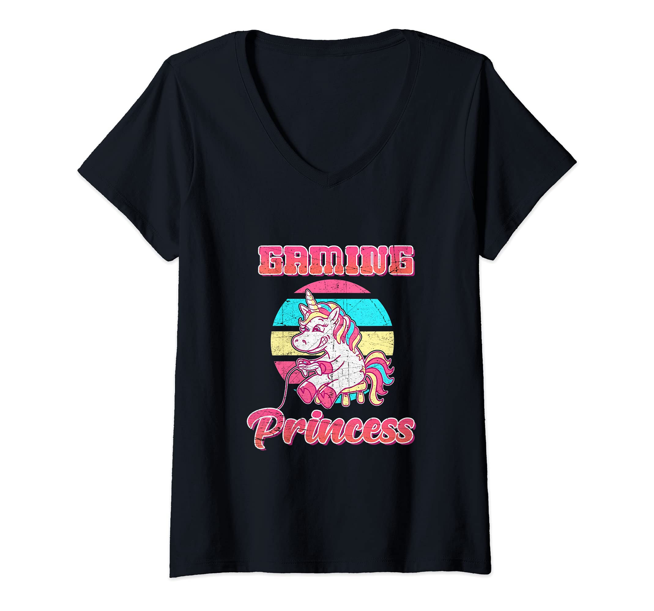 Womens Gaming Princess Unicorn Rainbow Arcade Game Playing Games V-Neck T-Shirt, Black