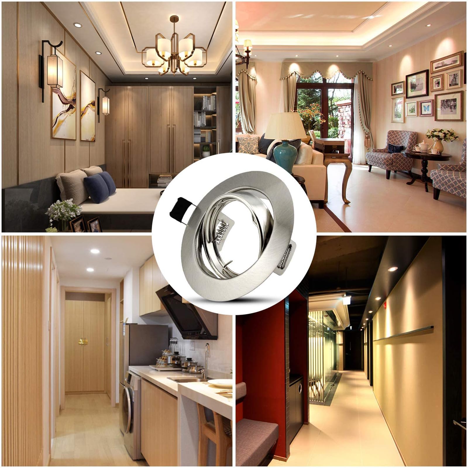 10er LED Einbaustrahler GU10 Set Einbaurahmen Rund Einbauleuchten 68mm Deckenspots Edelstahl Gebürstet Optik Inkl. GU10 Fassung für LED oder Halogen Leuchtmittel, 30° Schwenkbar