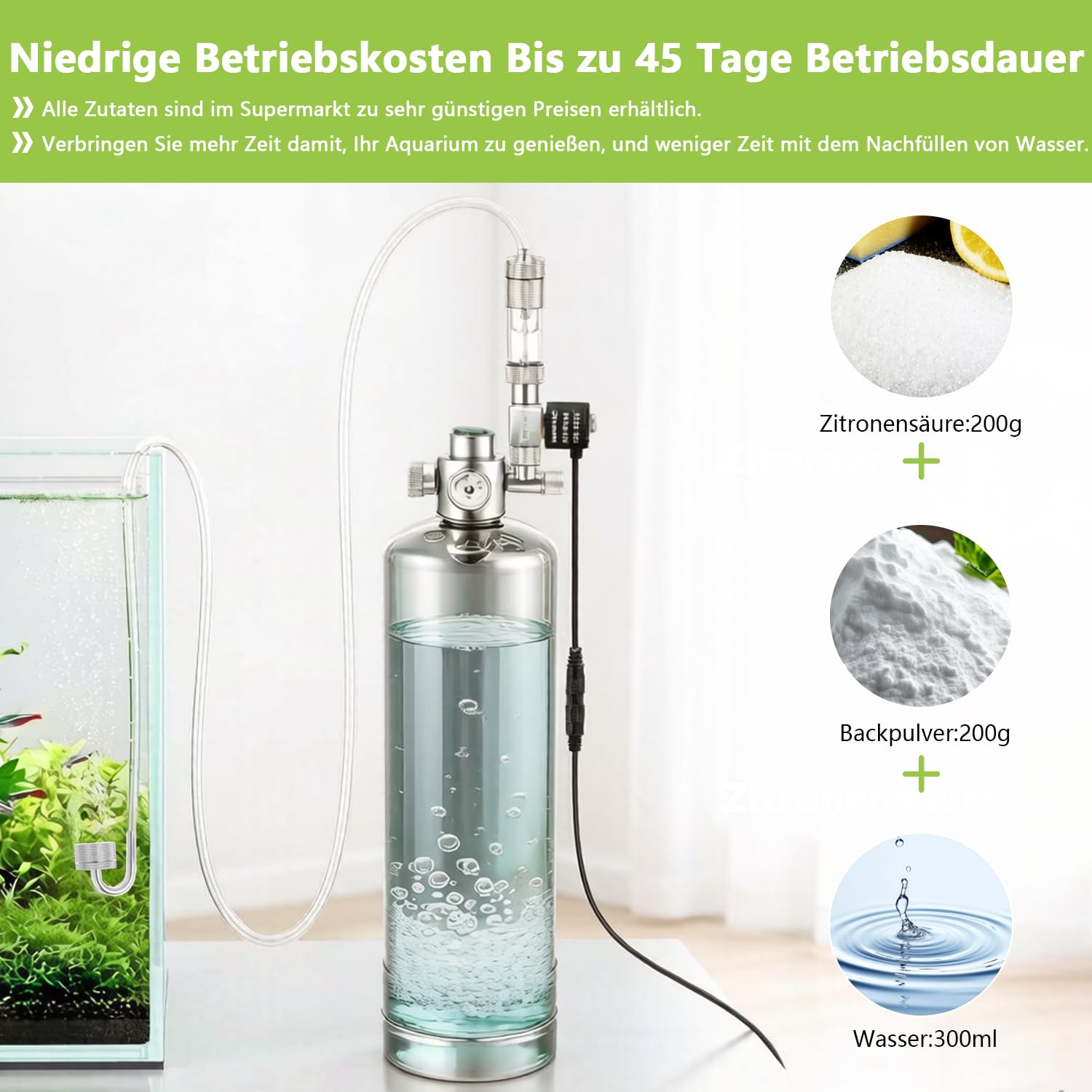Akwarium generator CO2, 2 l, kompletny zestaw z dyfuzorem ze stali nierdzewnej, zaworem magnetycznym, precyzyjnym manometrem, wężem powietrznym 2 m, przyssawkami, lejkiem, miarką do akwarium i