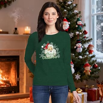 MAIHUN Christmas Santa Shirt for Women Merry Christmas Long Sleeve Snowflake Tshirts Xmas Holiday Tee Top