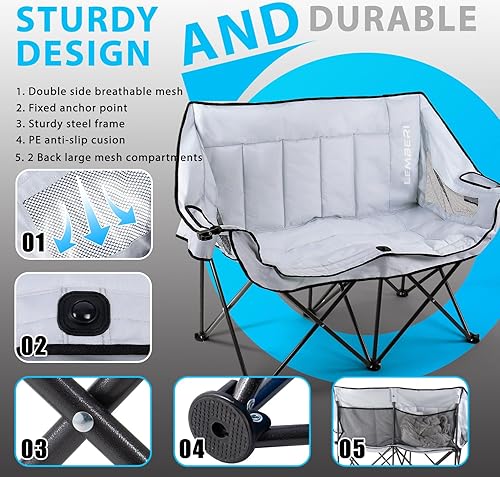 Miniatura 4 de Silla de campamento doble para adultos, silla de dos plazas de gran tamaño para 2 personas, asiento plegable acolchado para exteriores con