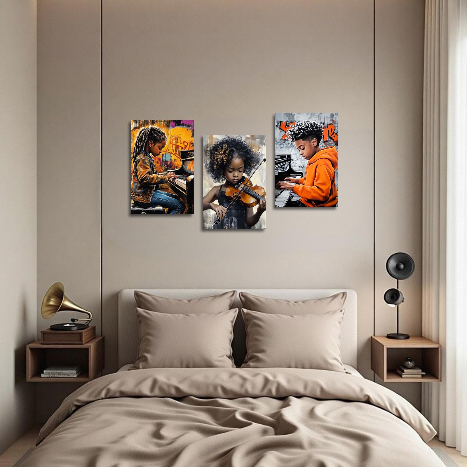 Set di 3 stampe artistiche da parete senza cornice, motivo musica nera ragazzo ragazza che suona pianoforte violino immagini afroamericani bambini stampe jazz poster per la camera dei bambini