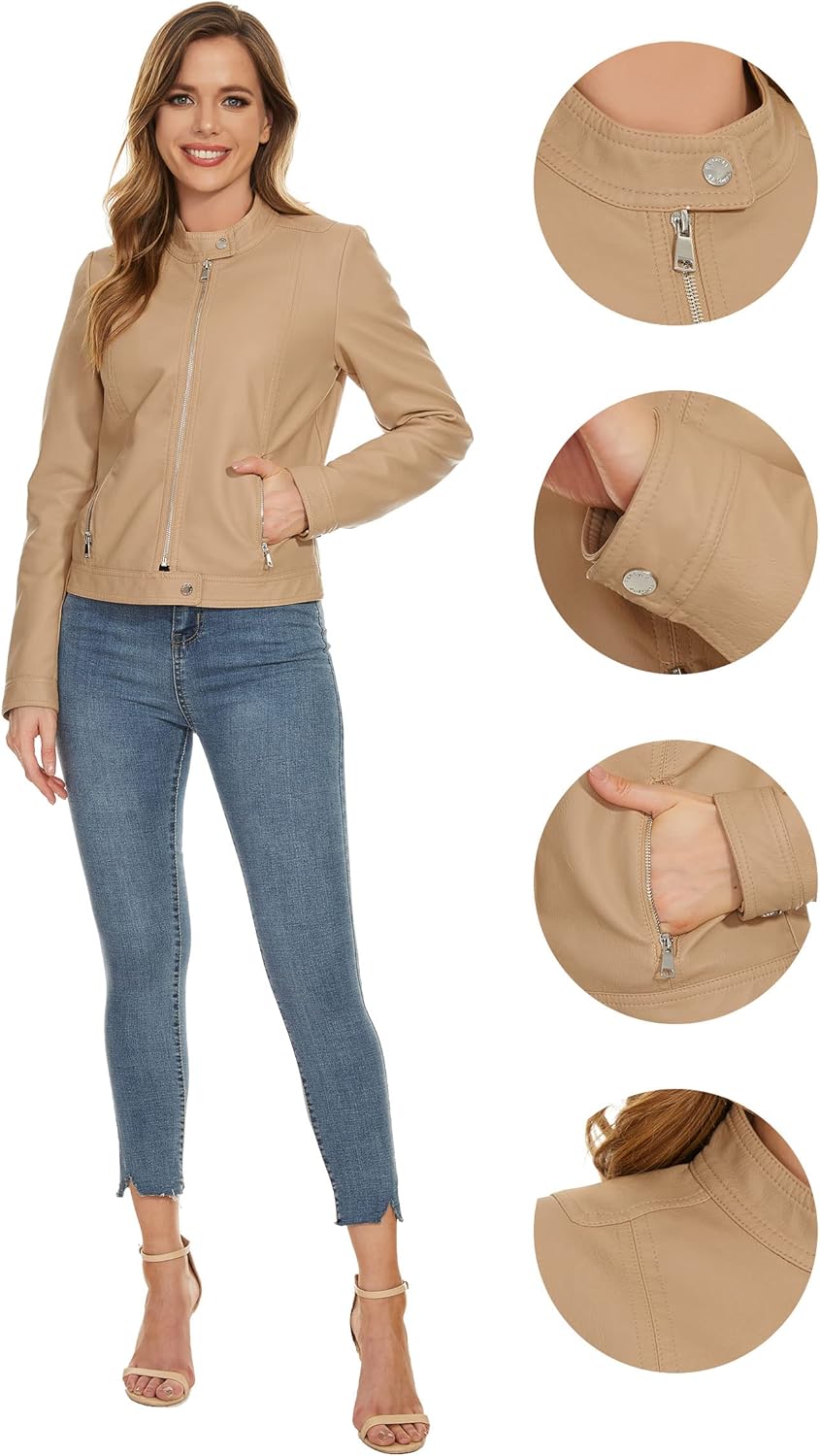 Fahsyee Zip Leather Jackets for Women Motorcycle Faux PU Moto Biker Outwear Coat - Image 6