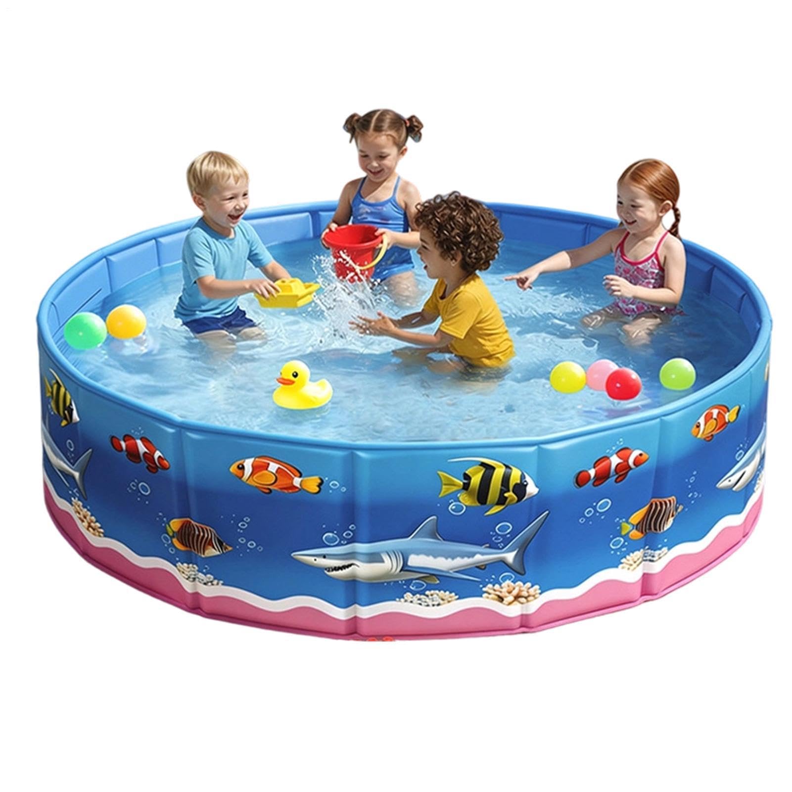 Piscina Pieghevole - Vasca Rotonda A Tema Marino Con Guscio Rigido,Piscina Pieghevole con Stampe Cartoon Senza Gonfiaggio | per Bambini Bambine Piccoli Cani Cortile Giardino Terrazzo Prato