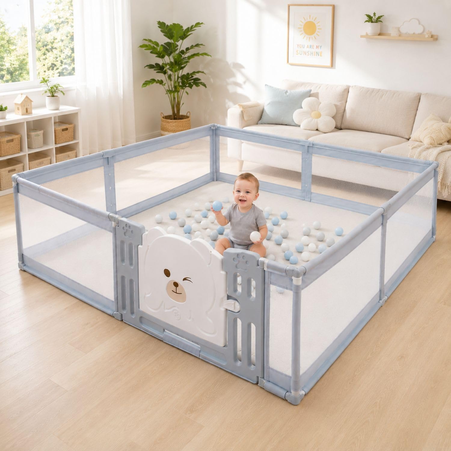 180 x 200 cm Playpen for Babies upto 3 with Mat and Balls, Indoor Baby Play Area Indoor Outdoor Setup Portable Baby Play Yard Fence for Toddlers Kids with Safety Gate, Breathable Mesh Playpen, 16 Sq Ft (Grey, Mesh with Gate)-image-16