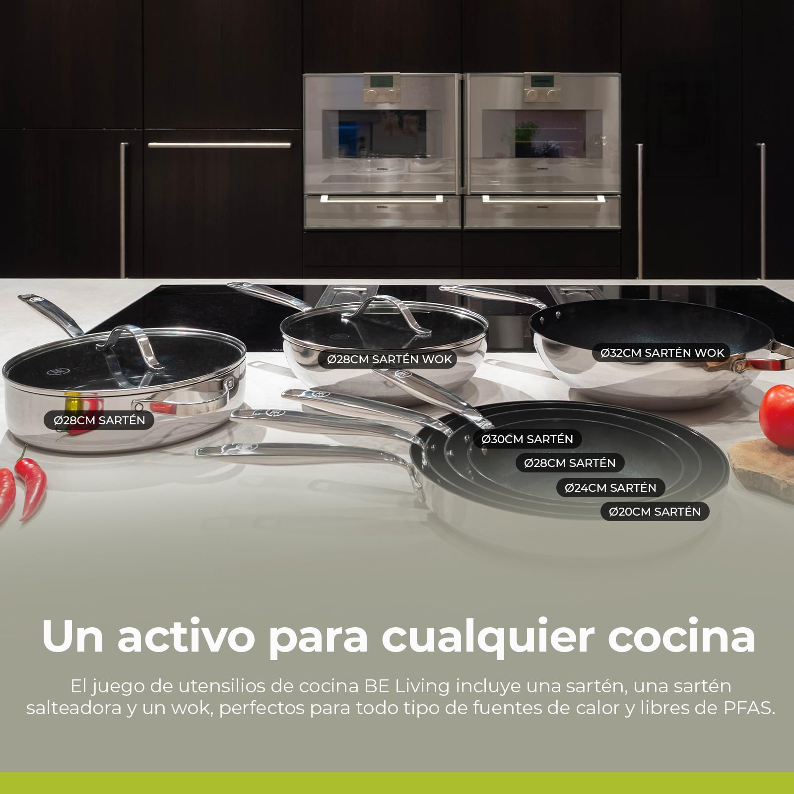 Be Living Sartén wok de acero inoxidable – Ø 28 cm – cerámica – inducción – sin PFAS, antiadherente – sartén con tapa – serie Essential