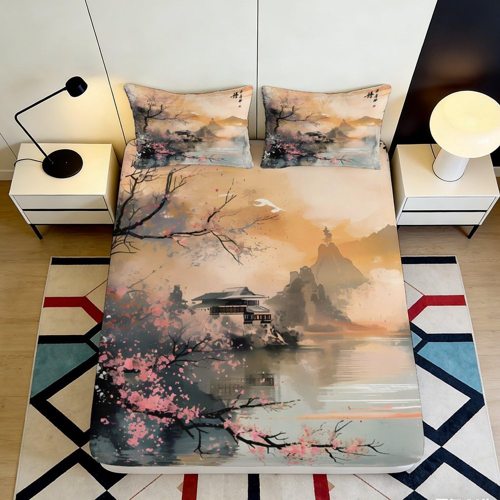 3D Printed Oriental Landscape Fitted Sheet Microfiber Soft Peach Blossom Bed Cover for Bedroom Guest Room Decor 90x200x25cm
