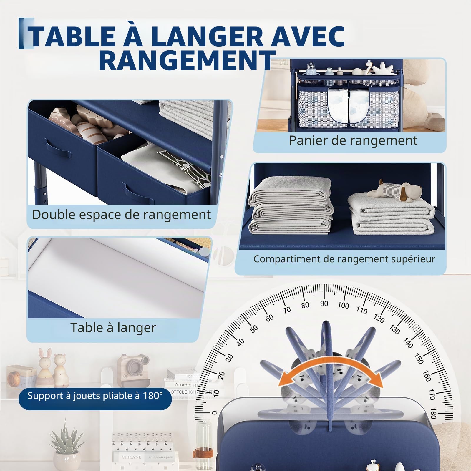 Table à Langer Bébé Pliante, 2 Tiroirs, 4 Hauteurs Réglables, 4 Roulettes Verrouillables, Ceinture De Sécurité, Matelas Imperméable, Mesure De La Hauteur, Bleu