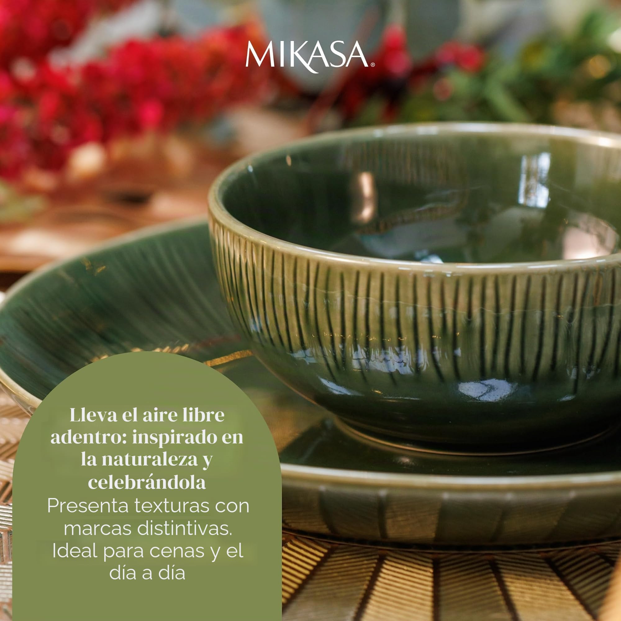 Mikasa Jardin - Juego de 4 cuencos para cereales, color verde, servicio para 4, juego de 4 cuencos de cerámica para cereales, cuencos de sopa de 15 cm, en caja de regalo y vajilla apta para